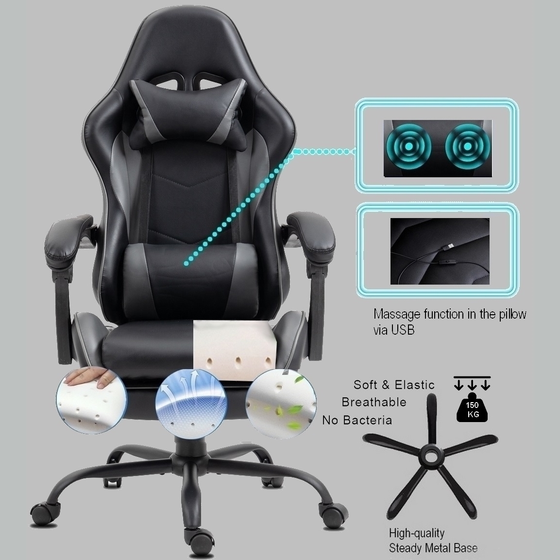 Ein schwarzer Gaming-Stuhl mit Massagefunktion über USB, weich, atmungsaktiv und antibakteriell, mit einer Tragfähigkeit von 150 kg.