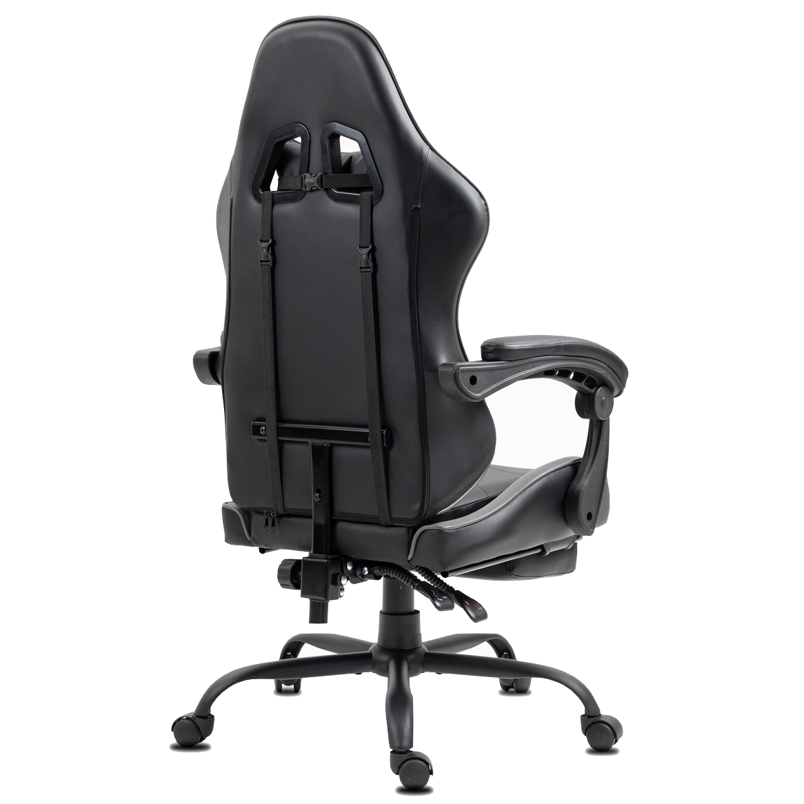 Schwarzer Gaming-Stuhl, Rückansicht. Er hat eine hohe Rückenlehne, Armlehnen und eine Basis mit Rädern. Der Hintergrund ist weiß.