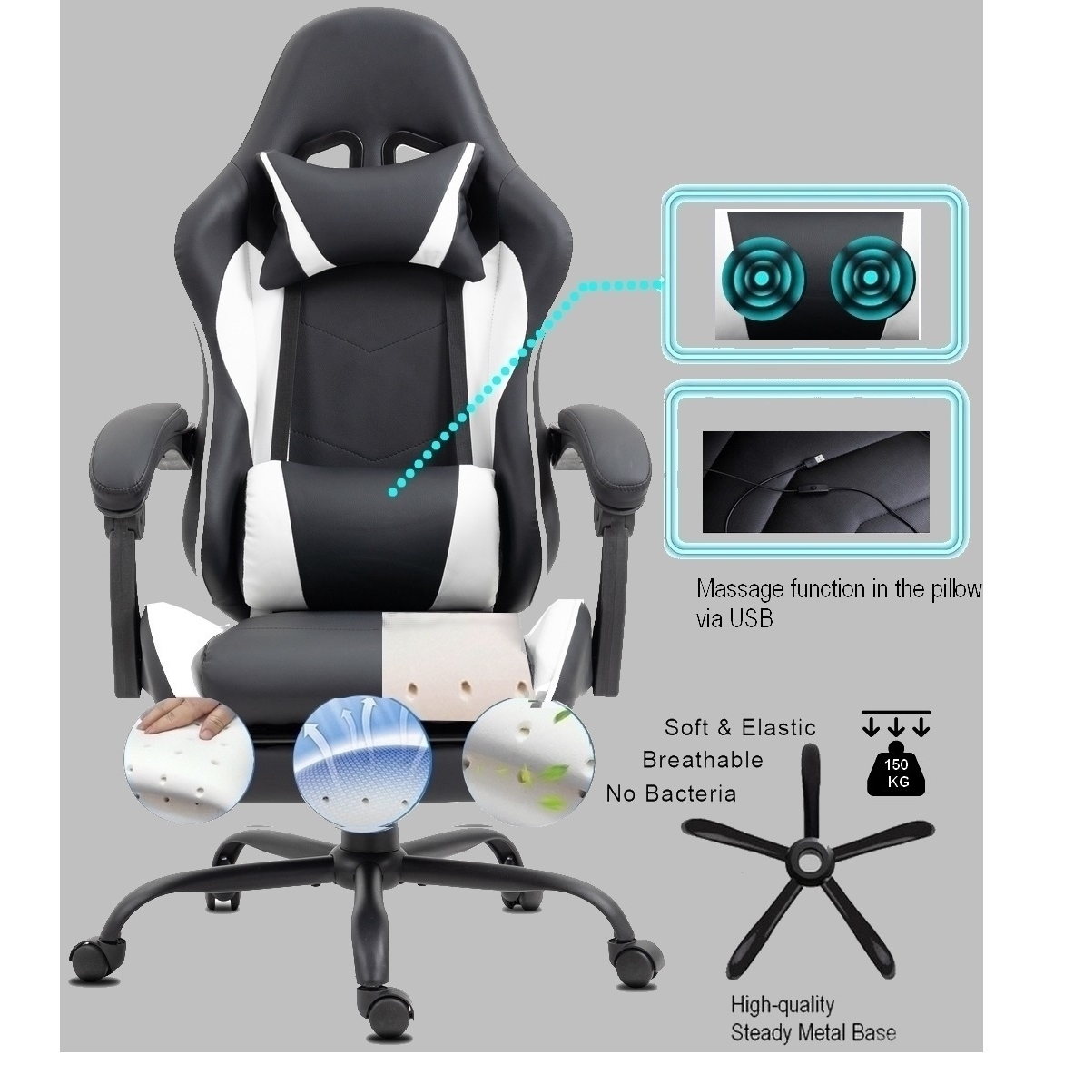 Schwarzer und weißer Gaming-Stuhl mit Massagefunktion über USB, atmungsaktiv, elastisch und stabilem Metallsockel.