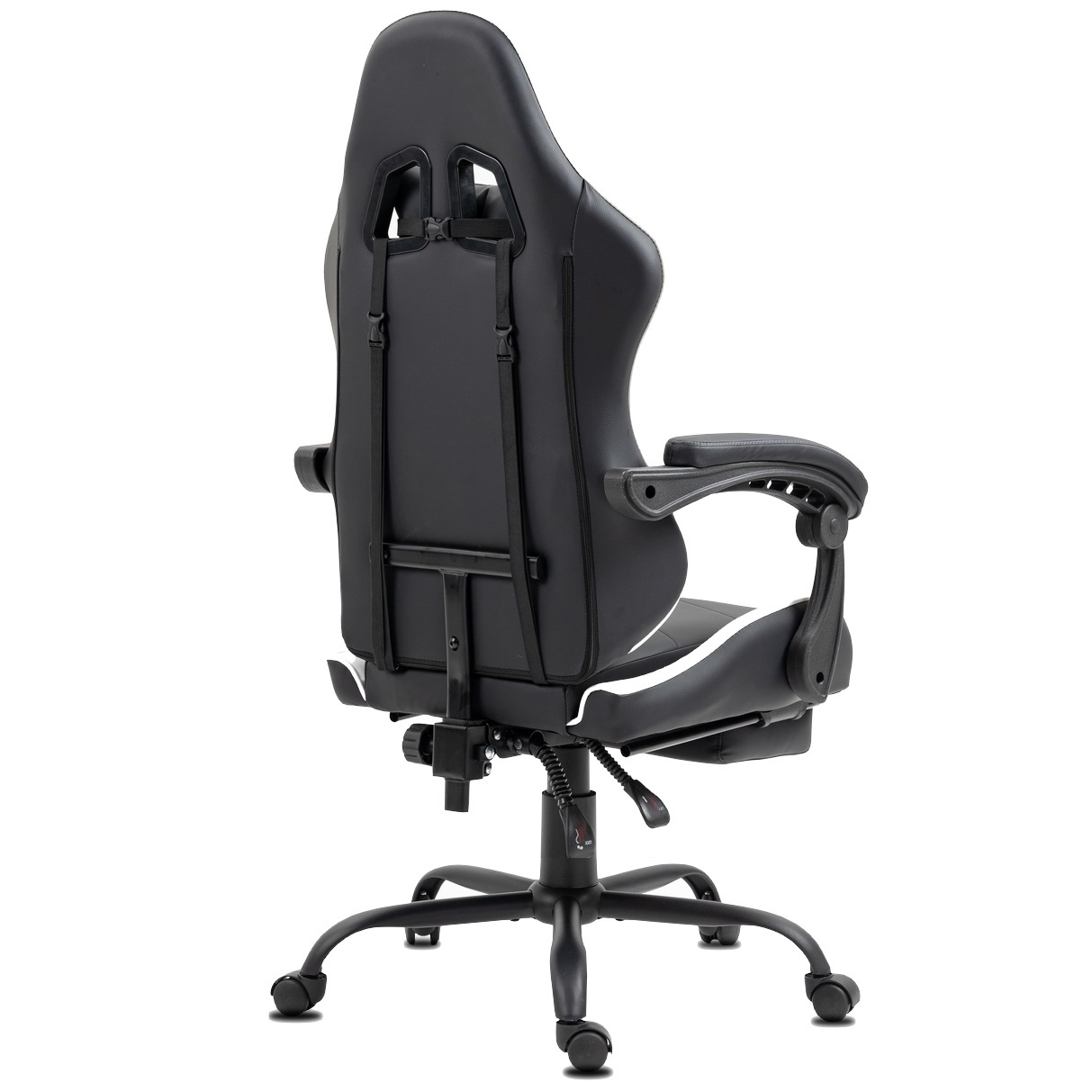 Schwarzer und weißer Gaming-Stuhl. Er hat eine hohe Rückenlehne, Armlehnen und ein Fünf-Sterne-Gestell mit Rädern.