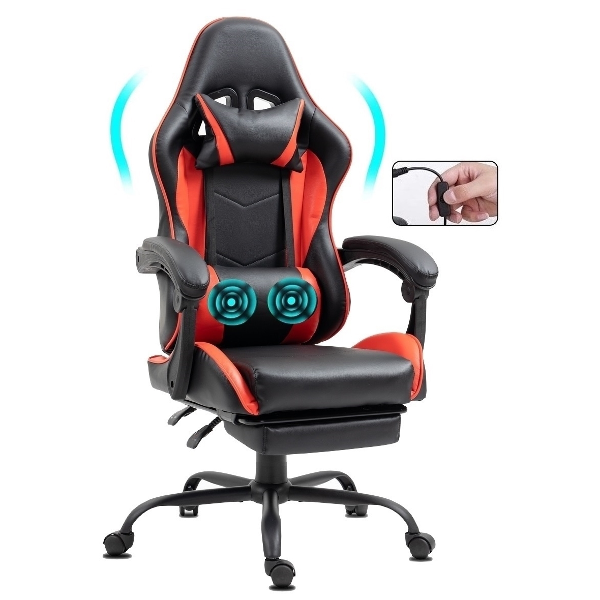 Ein schwarz-roter Gaming-Stuhl mit Kopfstütze und Massagefunktion, mit einem kleinen Bild einer Hand, die eine Steuerung hält.