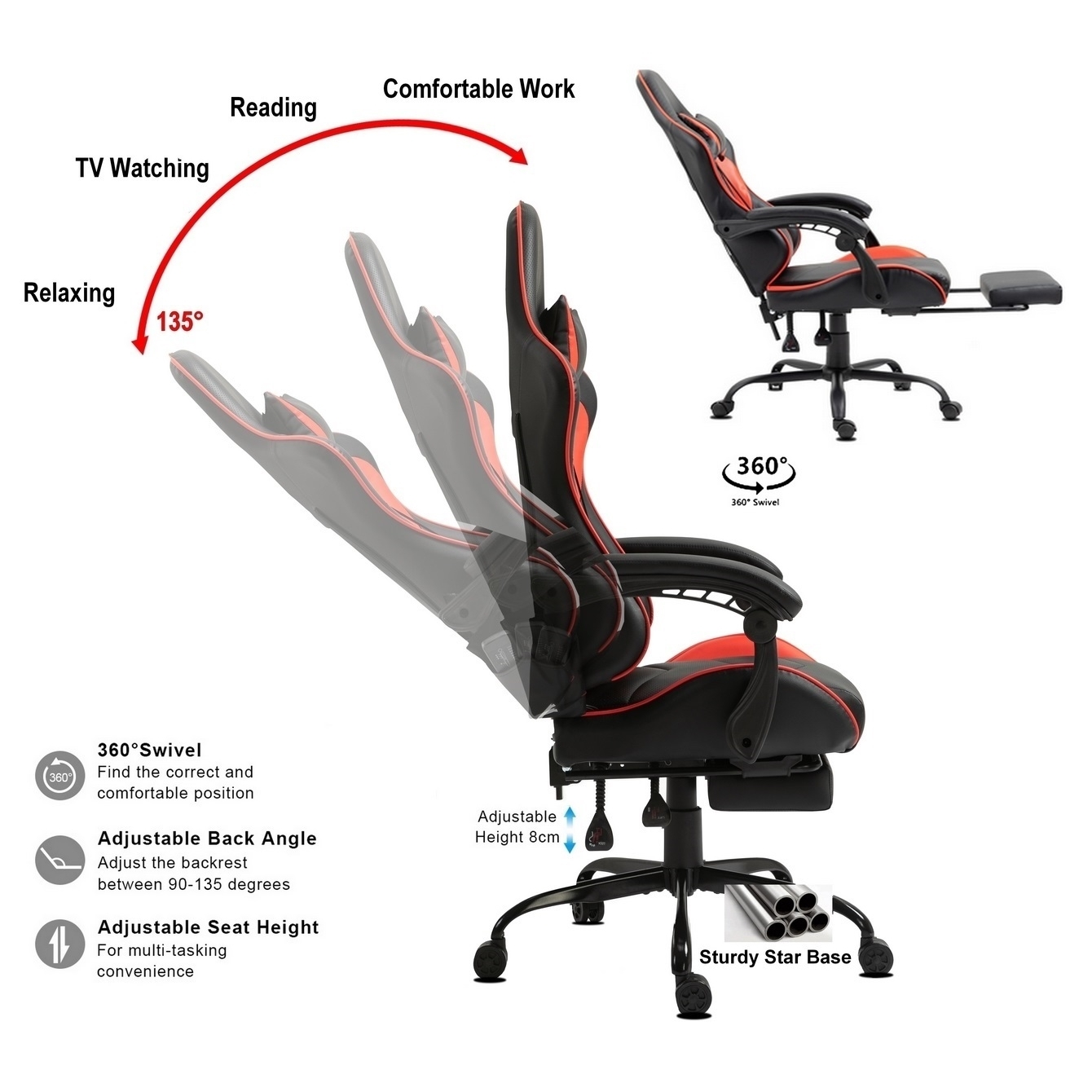 Ein verstellbarer Gaming-Stuhl in Schwarz und Rot. Er zeigt die verschiedenen Positionen des Stuhls für Aktivitäten wie Lesen und Entspannen.