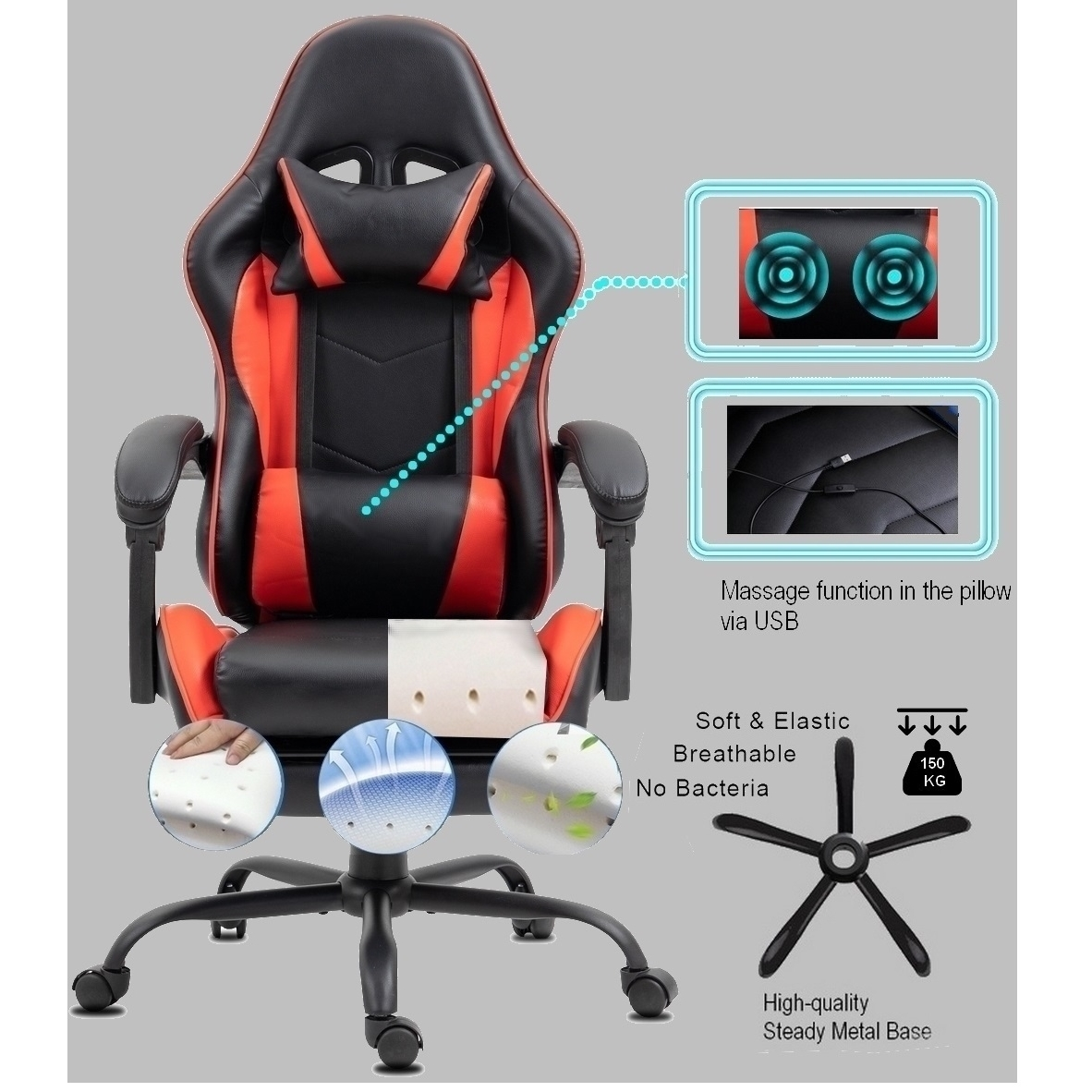 Schwarzer und roter Gaming-Stuhl mit Massagefunktion, USB. Eigenschaften: weich, elastisch, atmungsaktiv und ohne Bakterien. Stabiles Metallgestell.