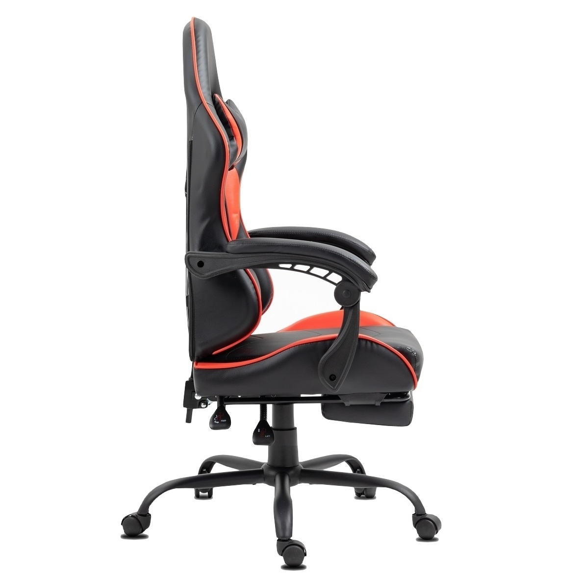 Seitenansicht eines schwarz-roten Gaming-Stuhls. Er hat eine hohe Rückenlehne, Armlehnen und ein Fünf-Sterne-Gestell mit Rollen. Der Hintergrund ist weiß.