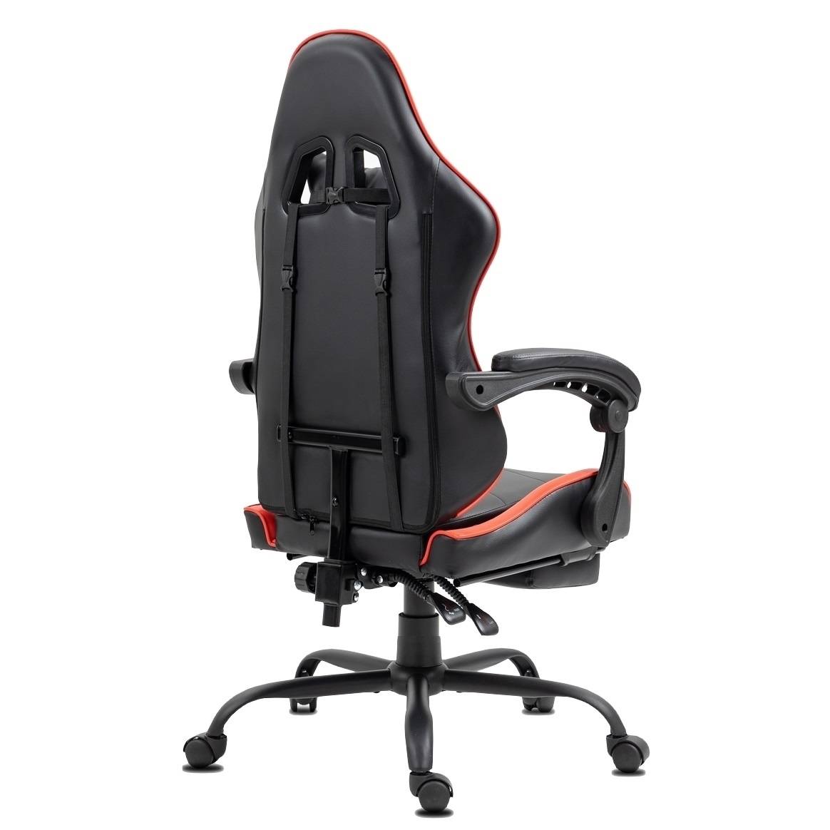 Schwarzer und roter Gaming-Stuhl. Er hat eine hohe Rückenlehne, Armlehnen und ein Fünf-Sterne-Gestell mit Rädern.