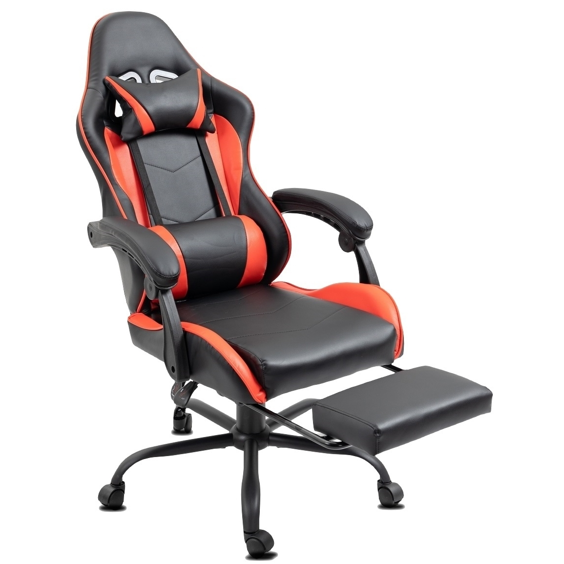 Schwarzer und roter Gaming-Stuhl. Er hat eine Kopfstütze, Lendenwirbelstütze, Armlehnen, Fußstütze und Rollen.