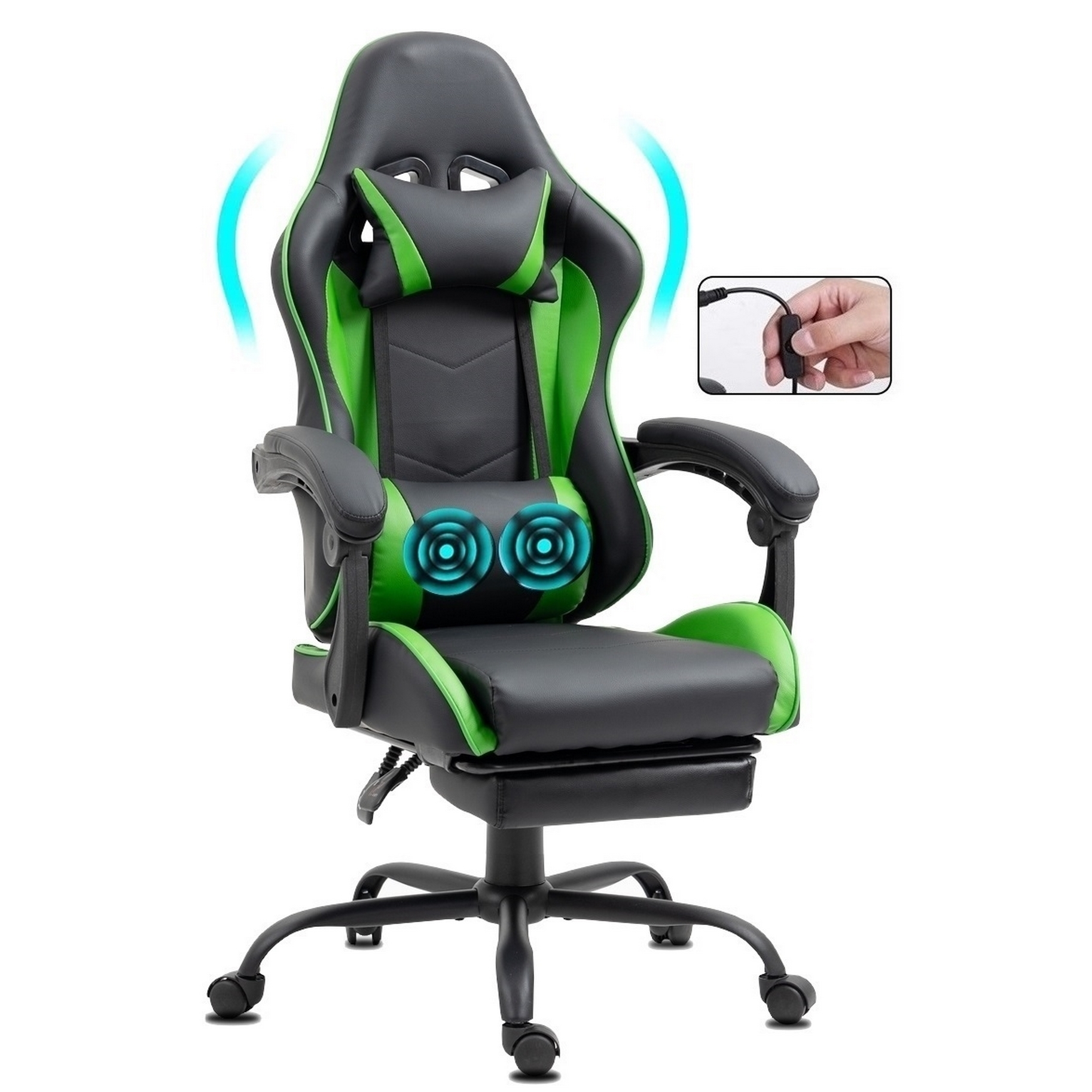 Gaming-Stuhl in Schwarz und Grün mit Massage-Symbolen. Eine Hand hält einen Controller. Der Stuhl hat Räder.