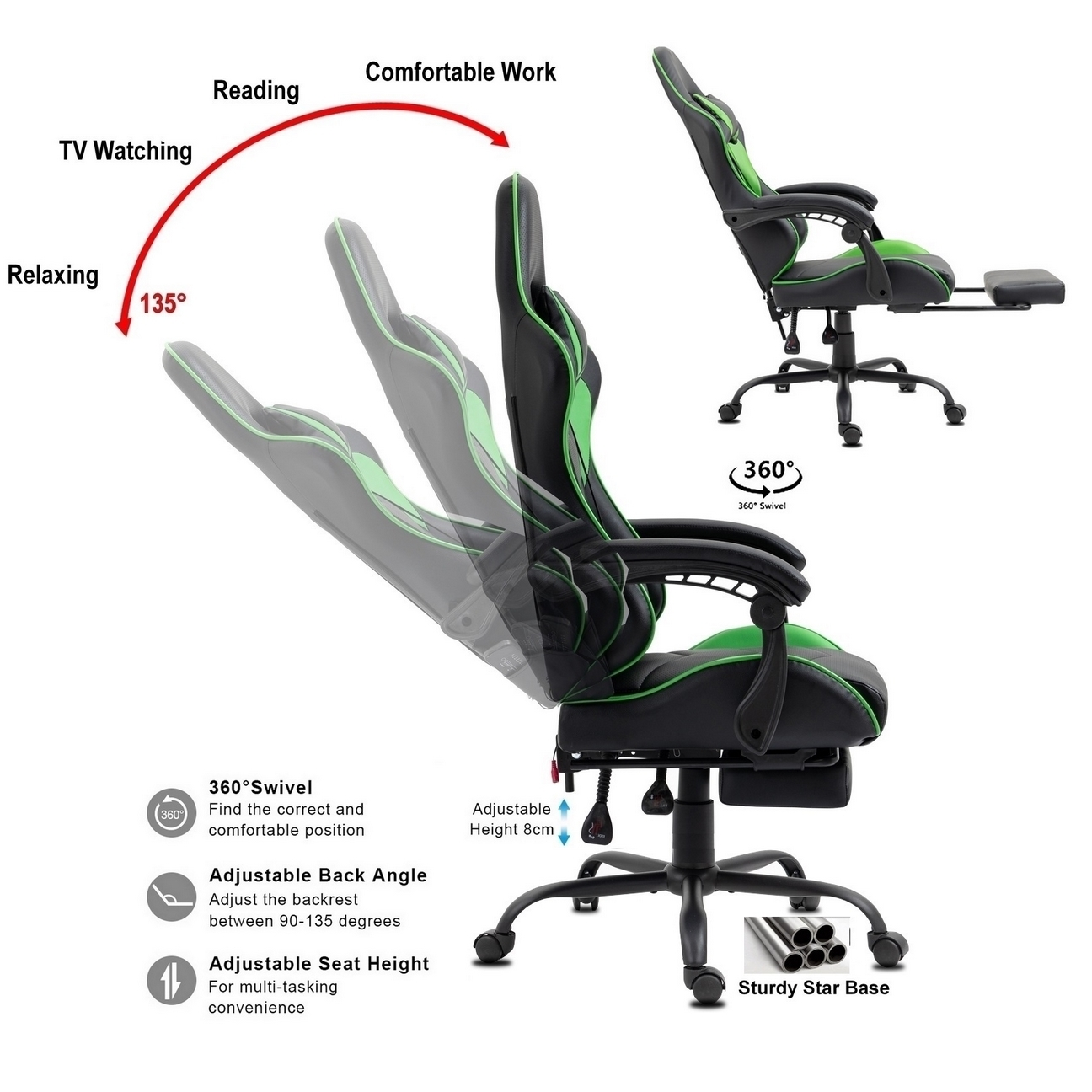 Ein Gaming-Stuhl mit schwarzen und grünen Details, der verstellbare Funktionen wie Rückenwinkel und Höhe sowie Nutzungsszenarien wie Entspannung zeigt.