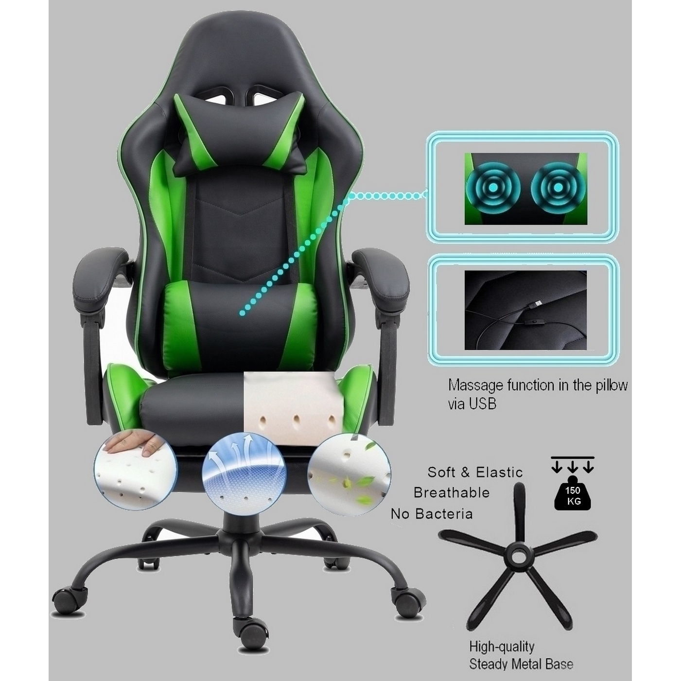 Ein Gaming-Stuhl mit schwarzen und grünen Akzenten. Merkmale sind Massagefunktion, atmungsaktives Material und ein stabiles Metallgestell. Max. 150 kg.