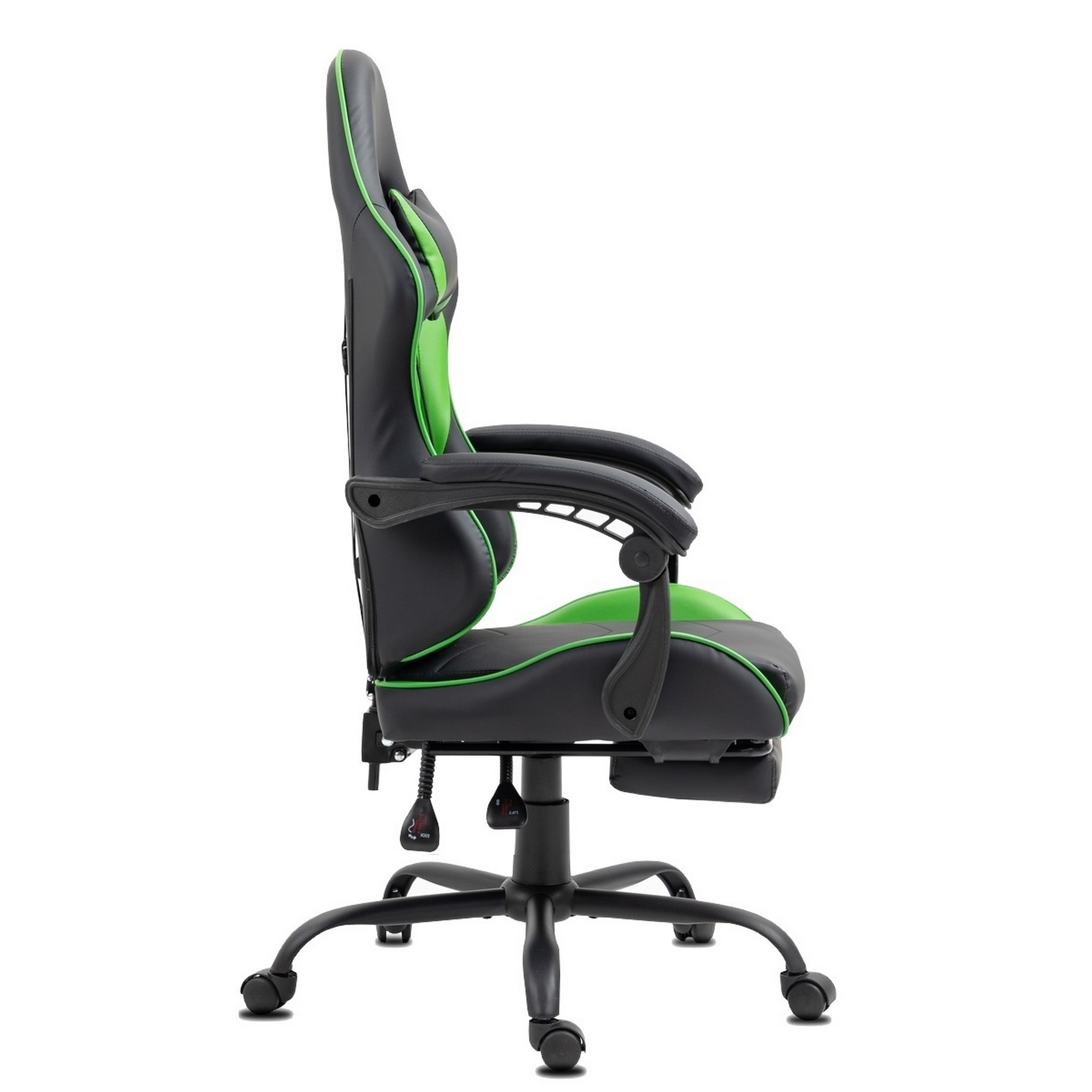 Seitenansicht des Gaming-Stuhls. Schwarz-grünes Farbschema. Mit Armlehnen, höhenverstellbar und rollbar.
