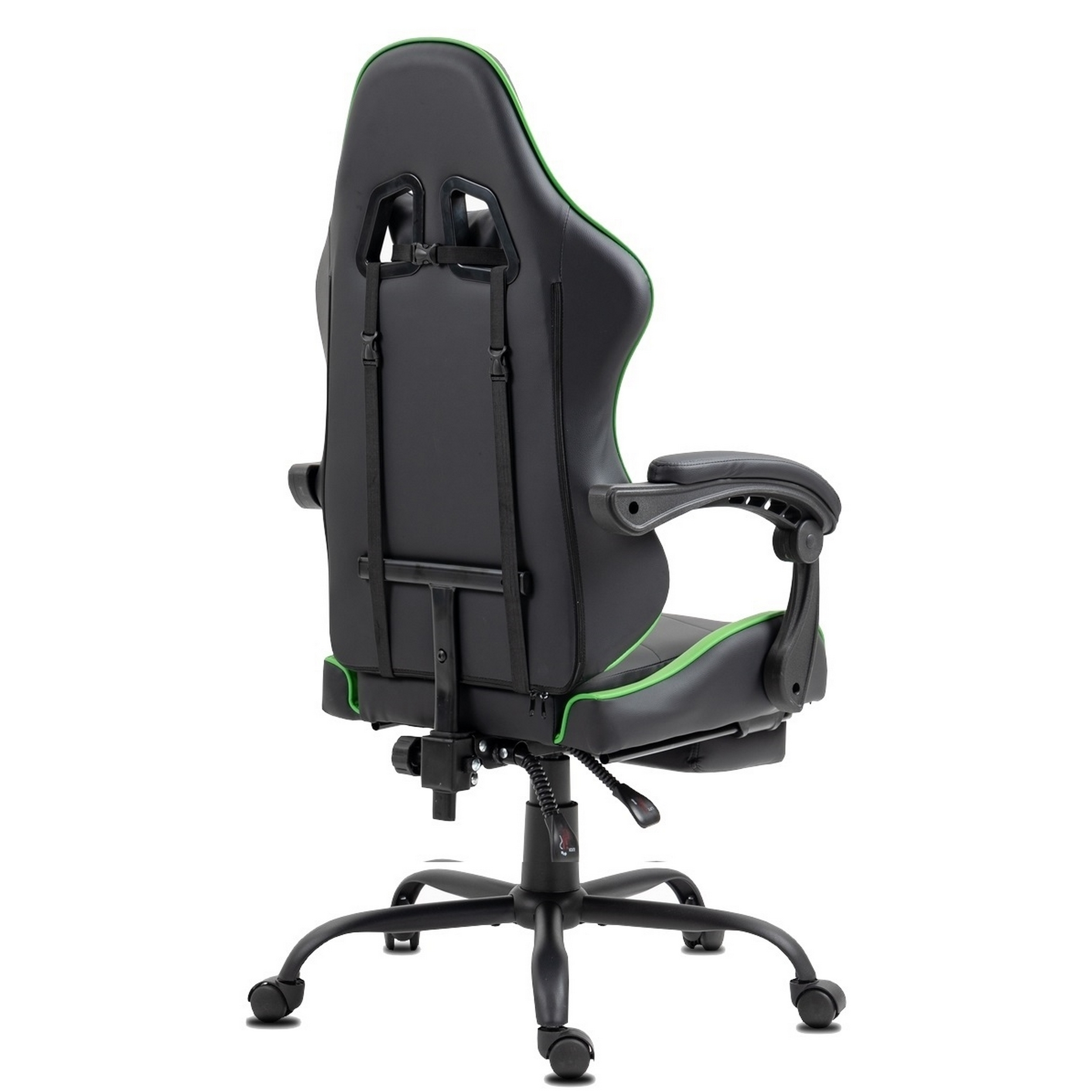 Schwarzer Gaming-Stuhl mit grünen Zierleisten, von hinten sichtbar. Er hat Armlehnen und ein Fünf-Rollen-Gestell.