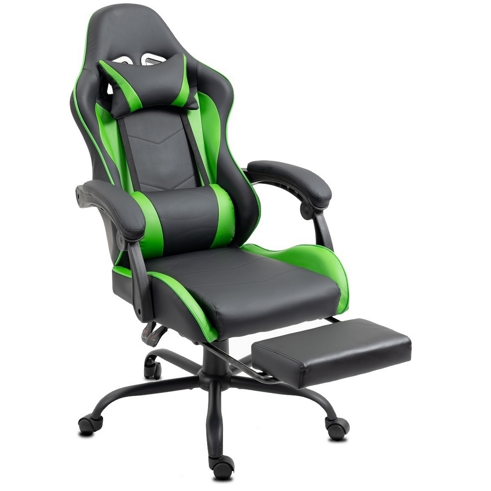 Gaming-Stuhl. Schwarz und grün. Er hat eine Kopfstütze, Armlehnen, Fußstütze und ein Fünf-Rollen-Gestell.