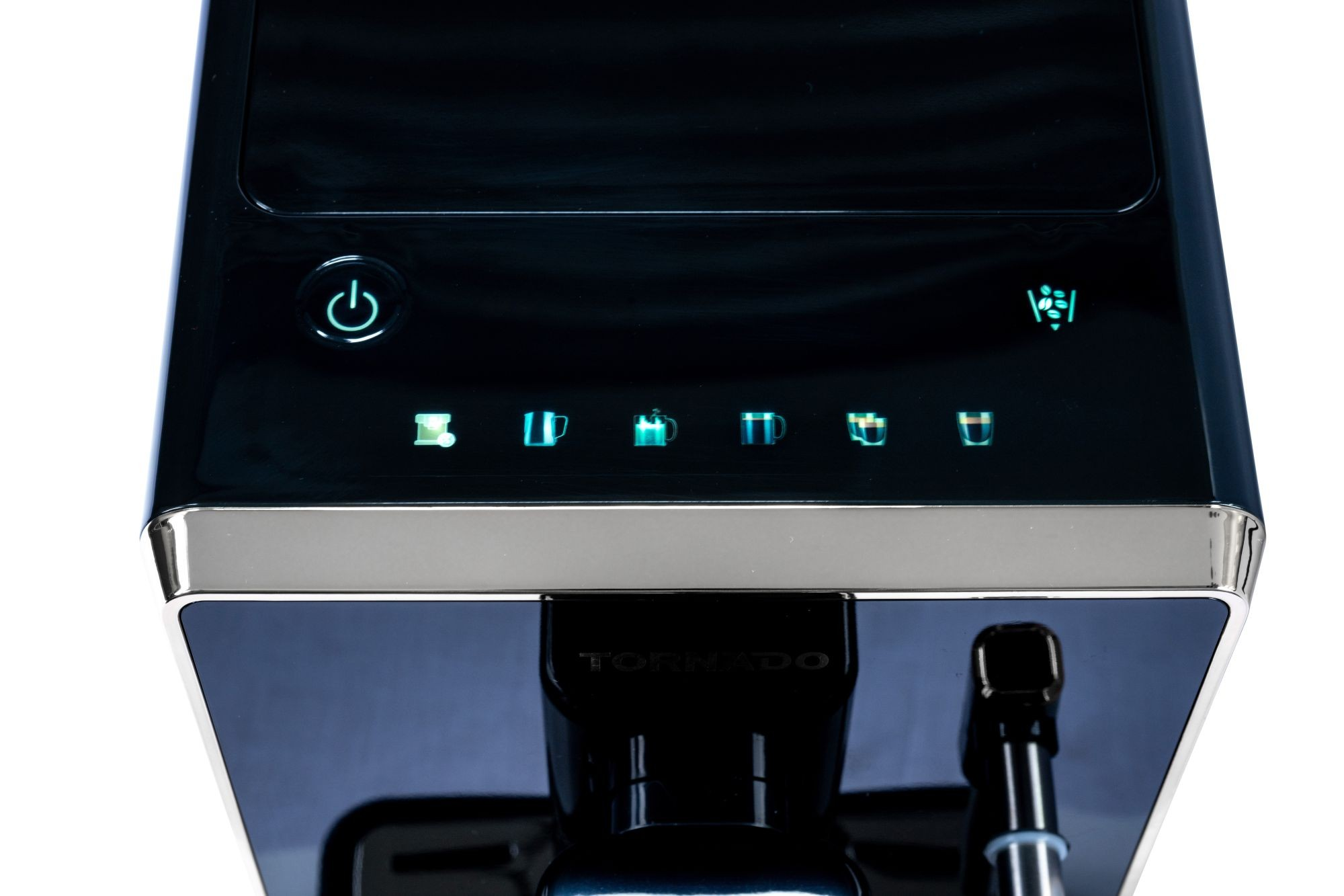 Czarny ekspres do kawy z podświetlanymi ikonami i przyciskiem zasilania. Srebrne wykończenie i widoczna nazwa marki 'TORNADO'.