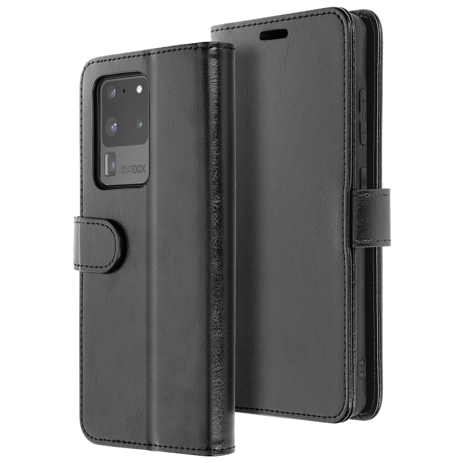Een zwarte leren telefoonhoes, open, met een telefoon met cameralenzen. De hoes heeft een magnetische sluiting.
