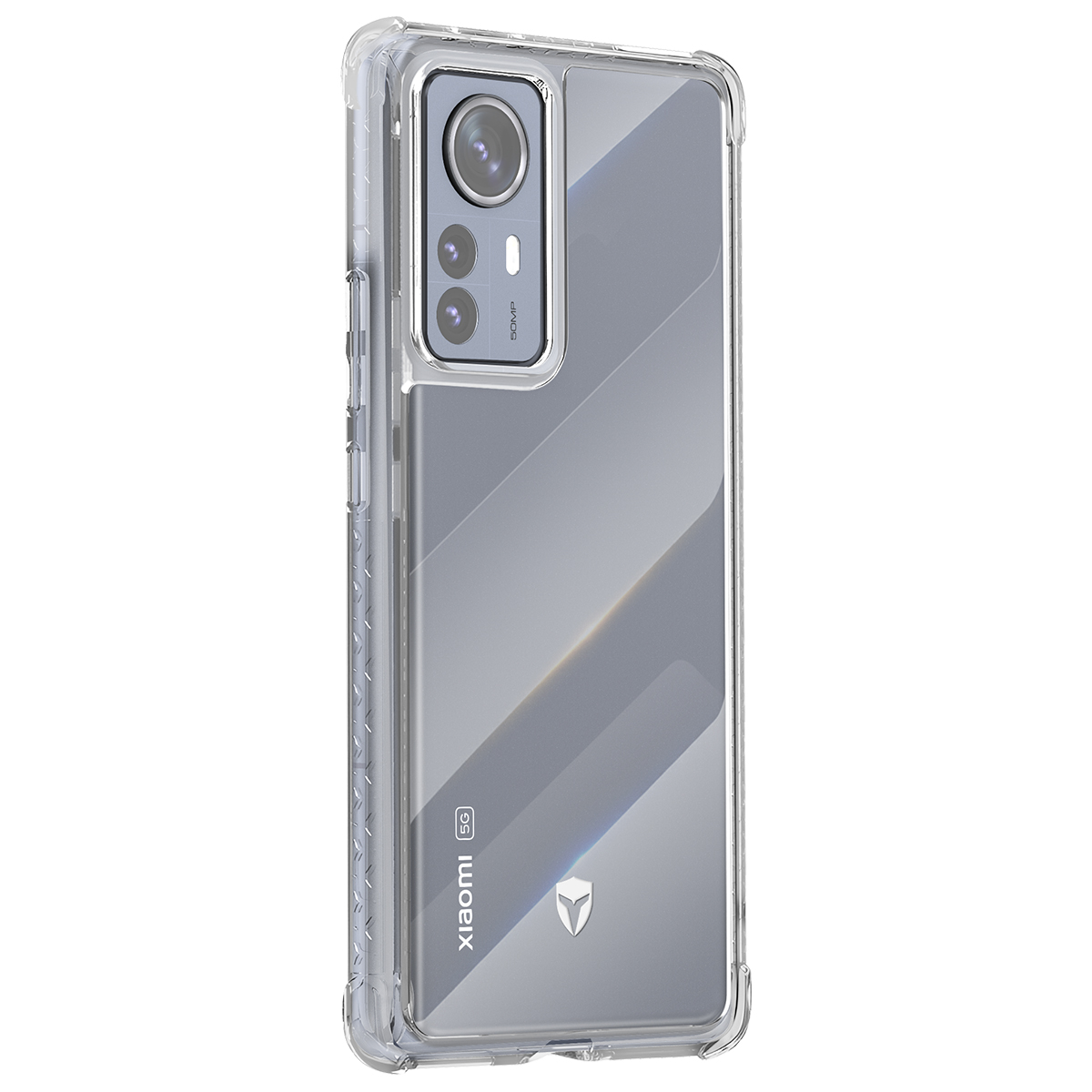 Custodia trasparente su un telefono Xiaomi 5G. La custodia ha una sezione fotocamera e il telefono è visibile attraverso la plastica.