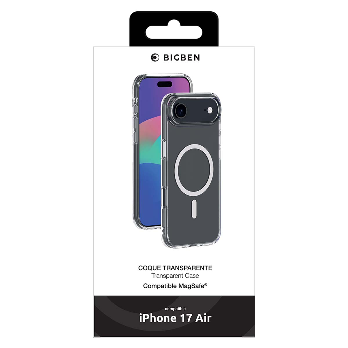 L'immagine mostra una custodia per iPhone 17 Air. La custodia è trasparente e ha un cerchio MagSafe. La confezione ha il logo Bigben.