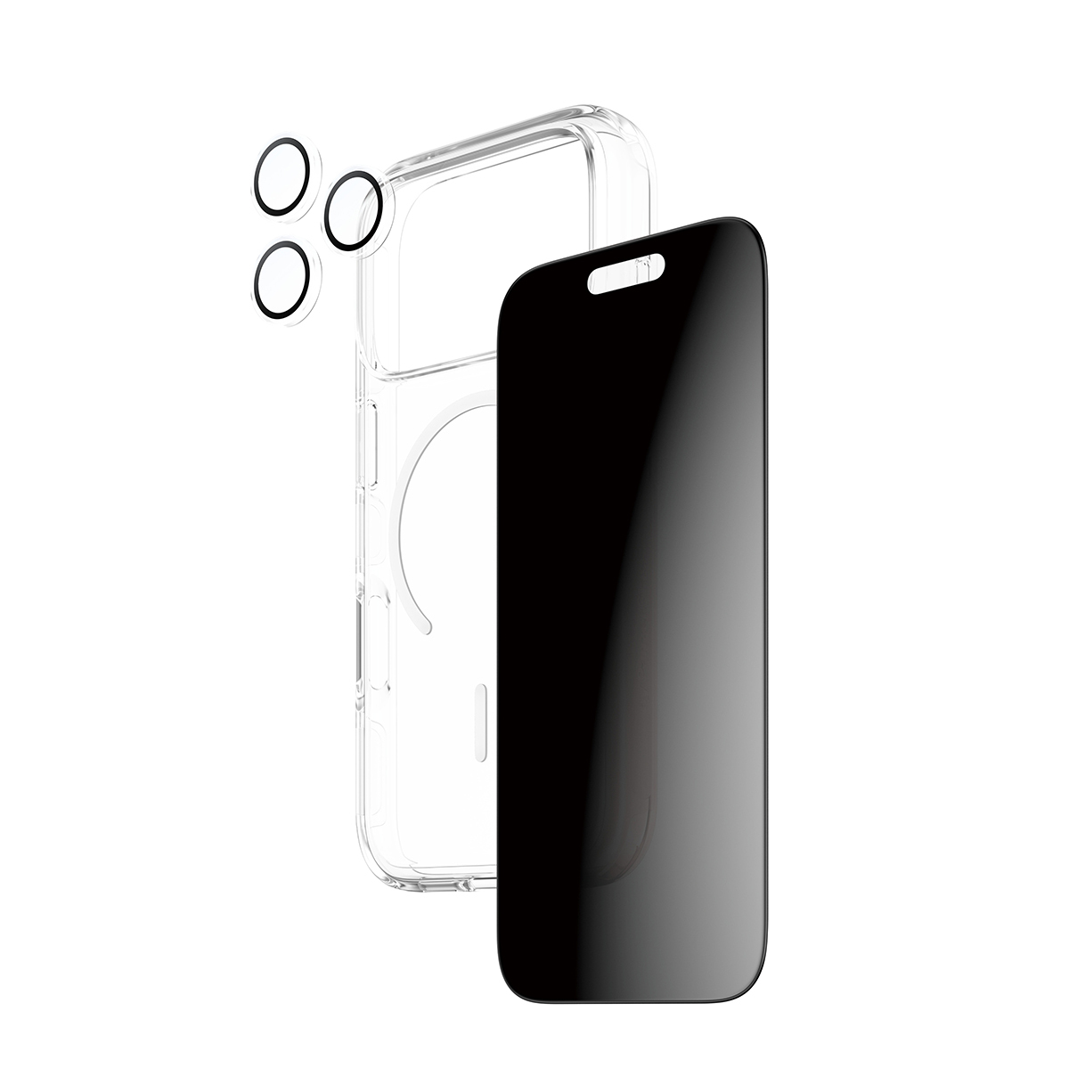 Custodia trasparente per telefono, protezione schermo nera e tre protezioni per fotocamera. Tutti i componenti sono separati su sfondo bianco.