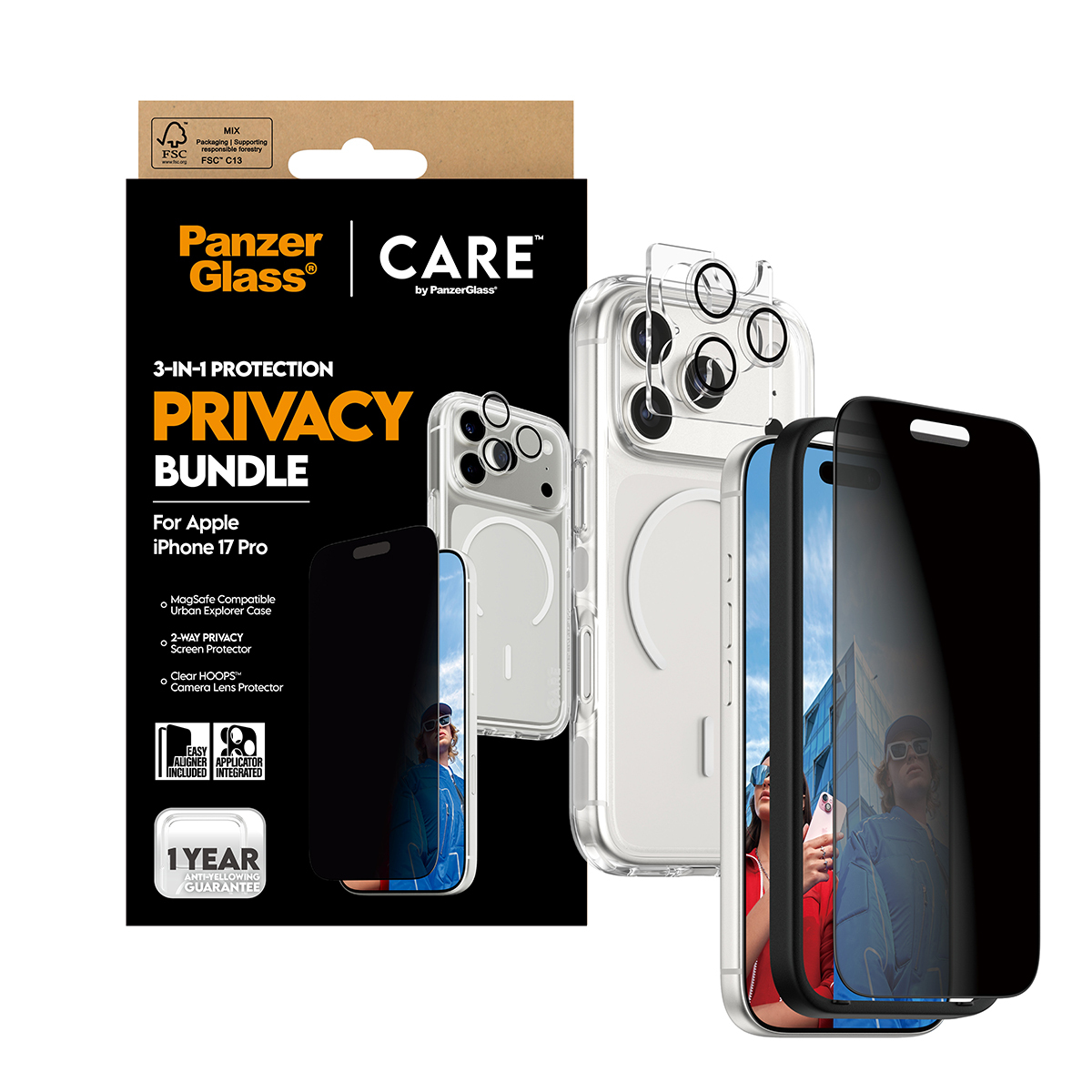 Un pacchetto privacy Panzer Glass per iPhone 17 Pro. Sono visibili la scatola e il contenuto, tra cui una protezione schermo e una custodia.