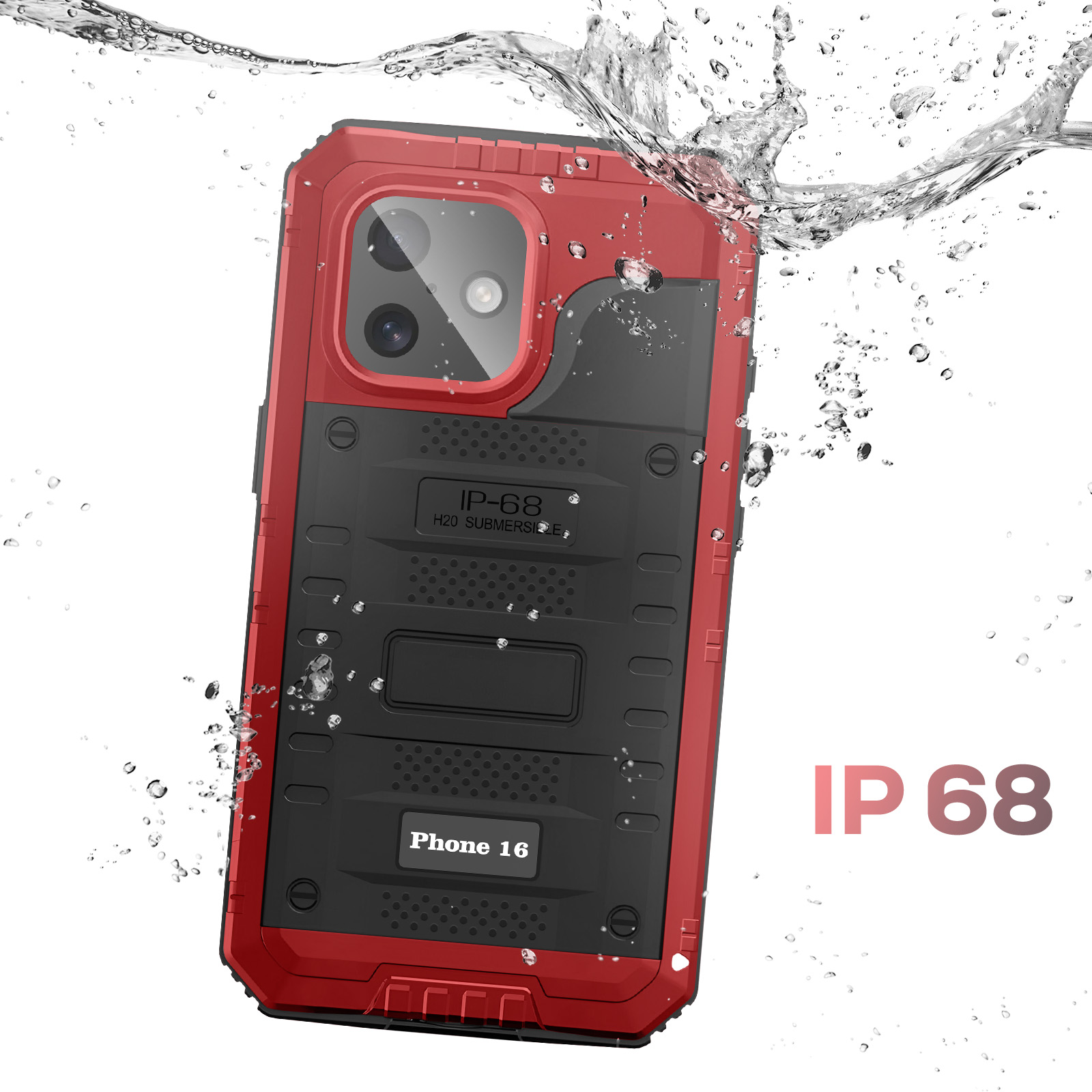 Une coque de téléphone rouge et noire avec des gouttelettes d'eau. Elle a une découpe pour l'appareil photo et un indice IP68. Le téléphone est dans l'eau.