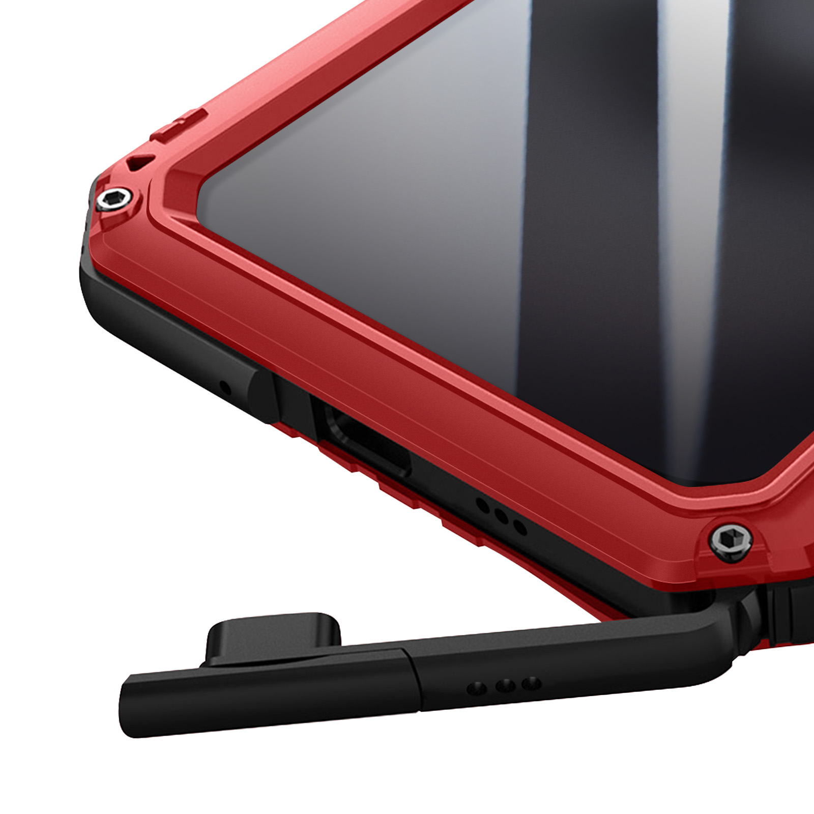 Gros plan sur un étui de téléphone rouge avec une fixation noire. L'écran est noir. Le fond est blanc.