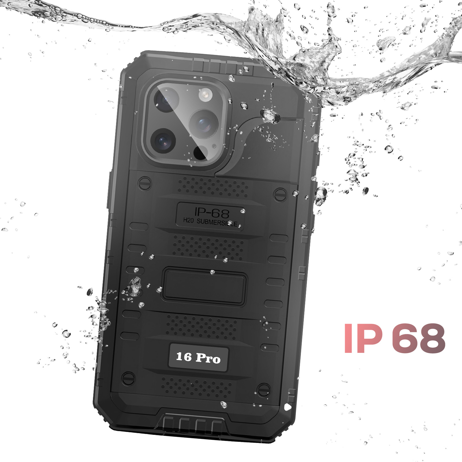 Custodia nera per telefono immersa nell'acqua. Gocce e spruzzi circondano la custodia. Il testo sulla custodia recita 'IP-68' e '16 Pro'.