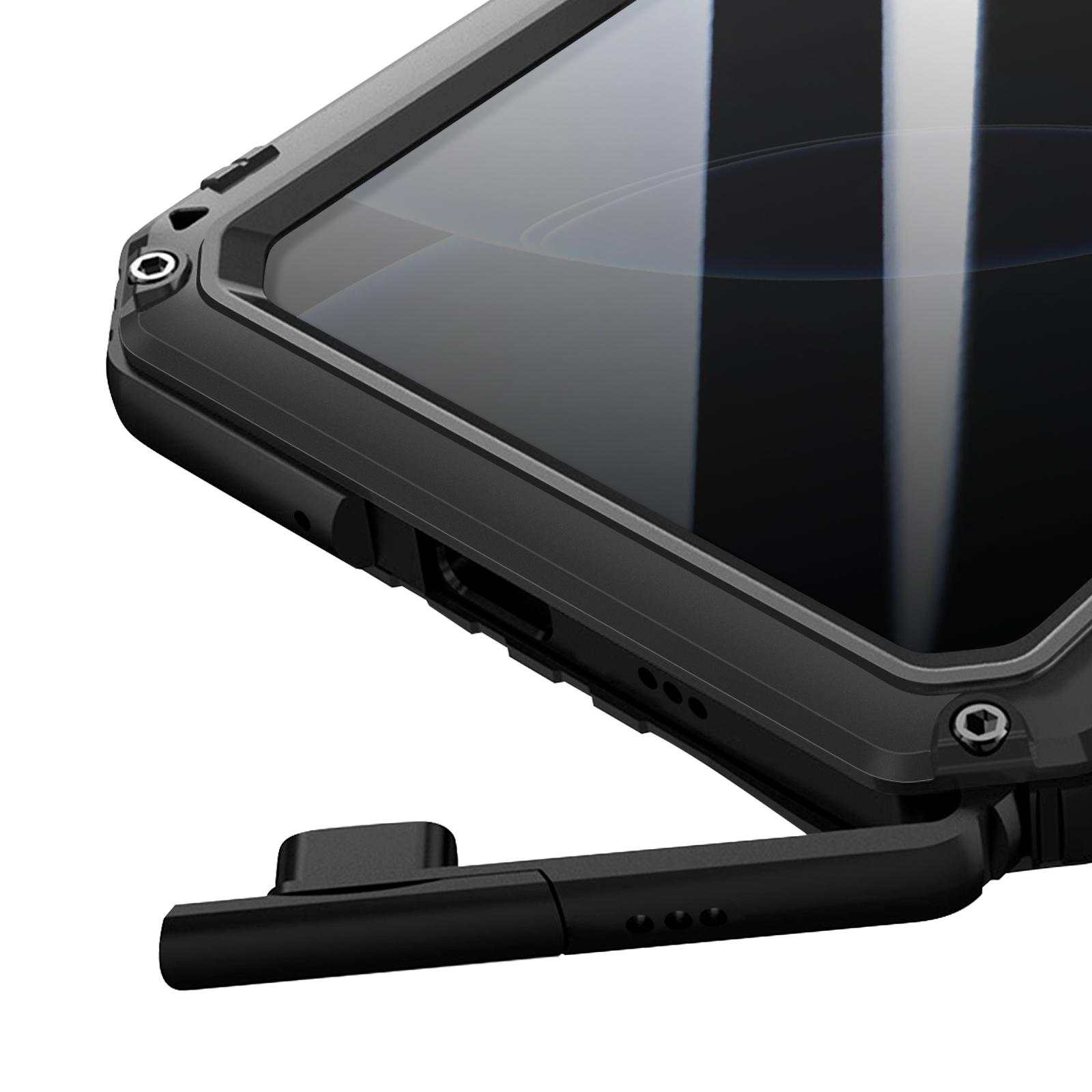 Primo piano di una custodia nera per telefono con un accessorio nero attaccato. Lo schermo è visibile.