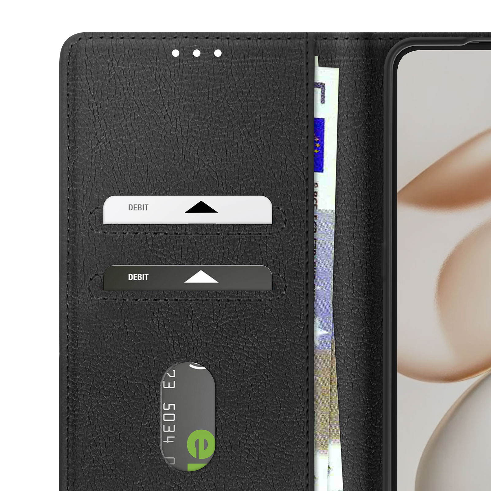 Portafoglio in pelle nera con carte di debito e un telefono. Contiene denaro e una carta di credito.