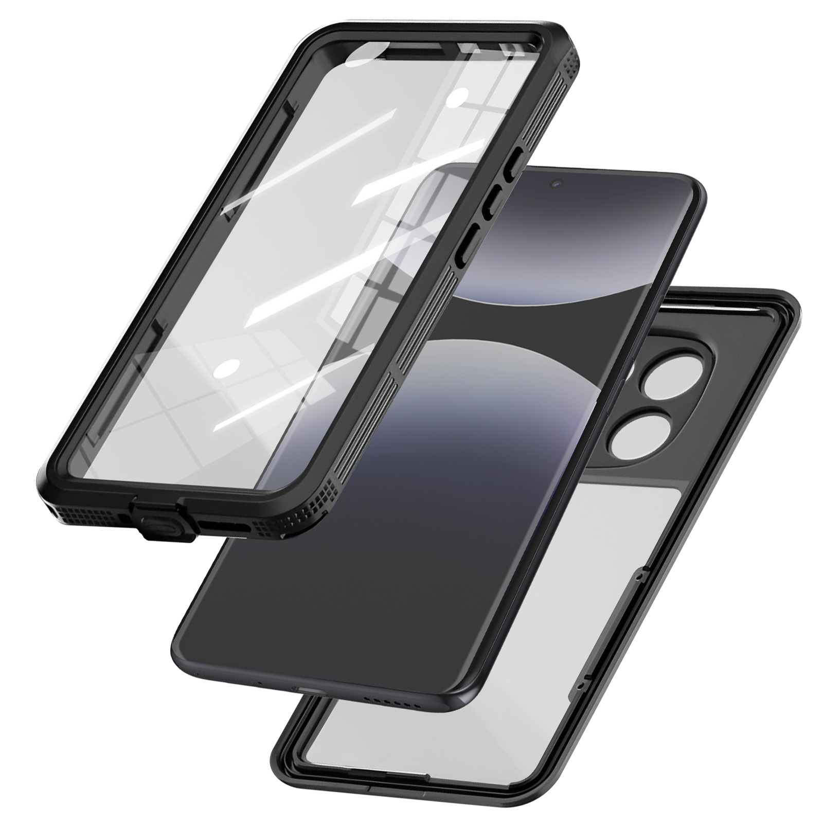 Una custodia del telefono smontata, che mostra strati di plastica nera e protezioni per lo schermo trasparenti, isolata su bianco.