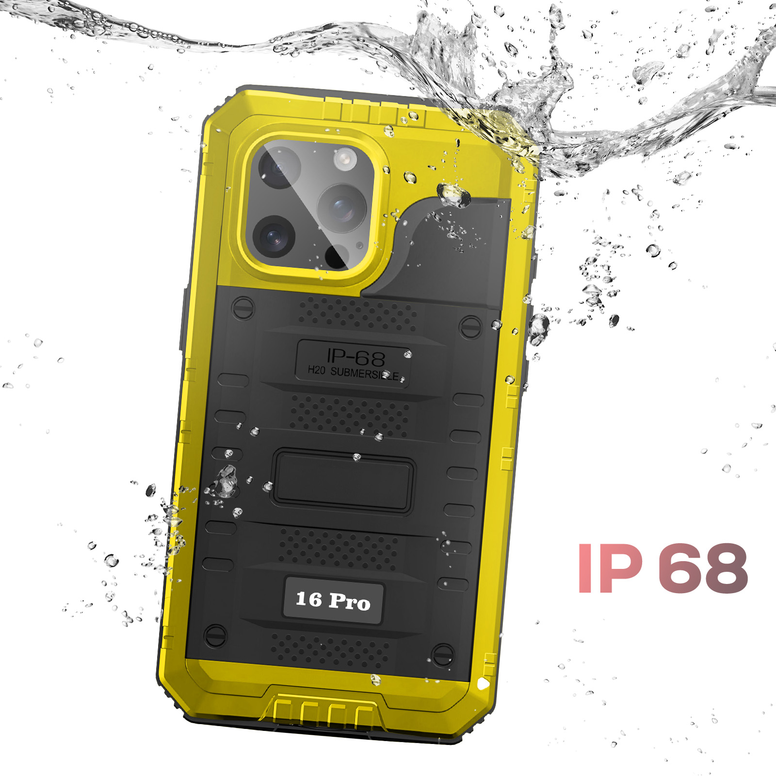 Eine gelb-schwarze Handyhülle mit Wasserspritzern. Es steht IP68 und 16 Pro darauf.