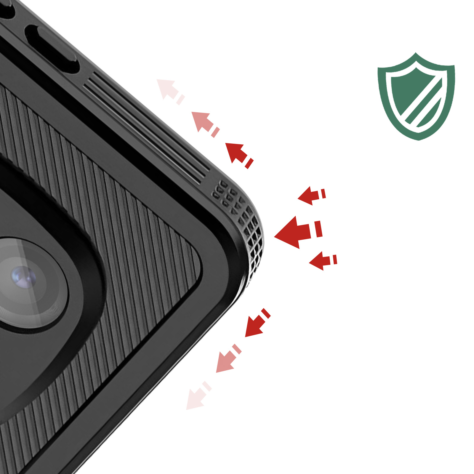 Angolo del dispositivo nero con fotocamera e prese d'aria. Frecce rosse indicano il flusso d'aria. Logo scudo verde sullo sfondo.