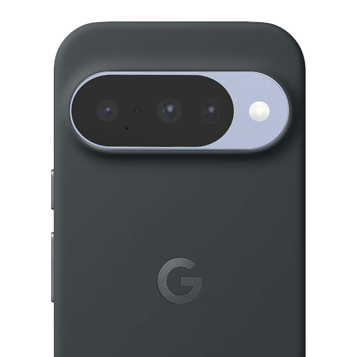 Dos de téléphone gris foncé avec barre de caméra et logo 'G'. La caméra a trois objectifs et un flash. Le téléphone a des bords arrondis.