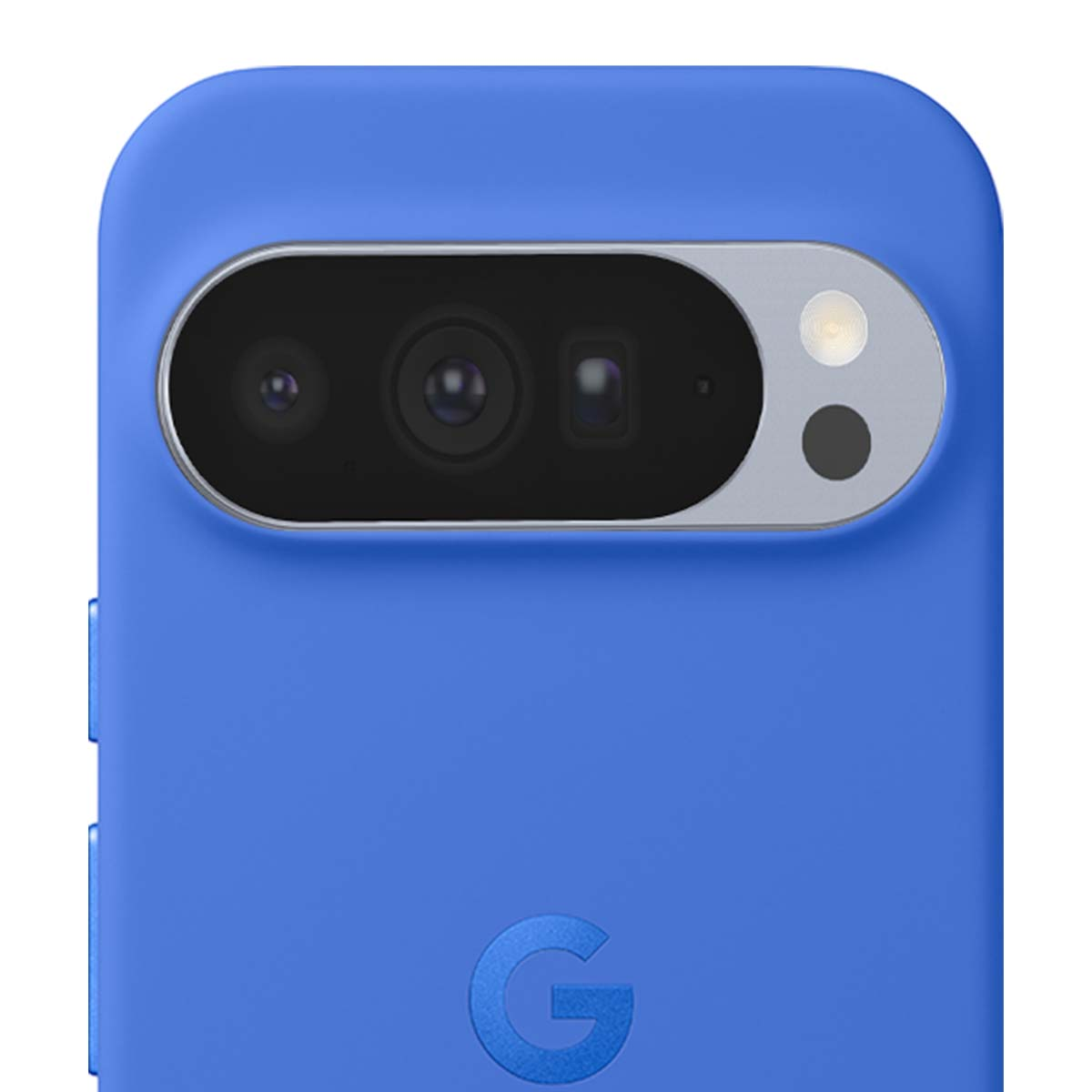 Blaue Handyhülle mit Kameramodul. Das Modul enthält Linsen, einen Blitz und einen schwarzen Punkt. Das Google "G"-Logo ist sichtbar.