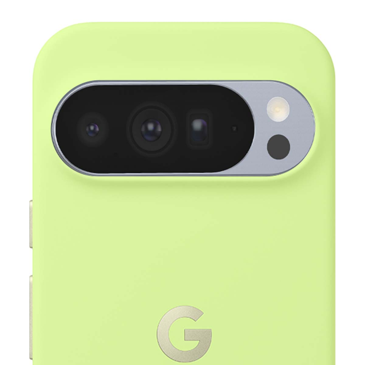 Nahaufnahme einer hellgrünen Handyhülle mit Kameraleiste. Die Leiste hat zwei Objektive, einen Blitz und einen schwarzen Punkt. Unten befindet sich ein 'G'-Logo.
