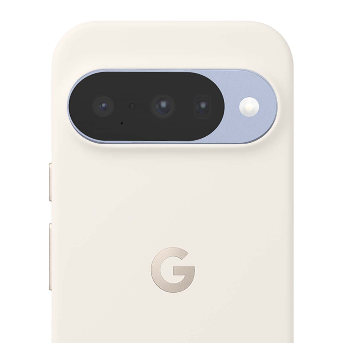 Parte trasera de teléfono crema con barra de cámara y logotipo 'G'. La barra de la cámara es azul, con lentes y flash. Google Pixel.