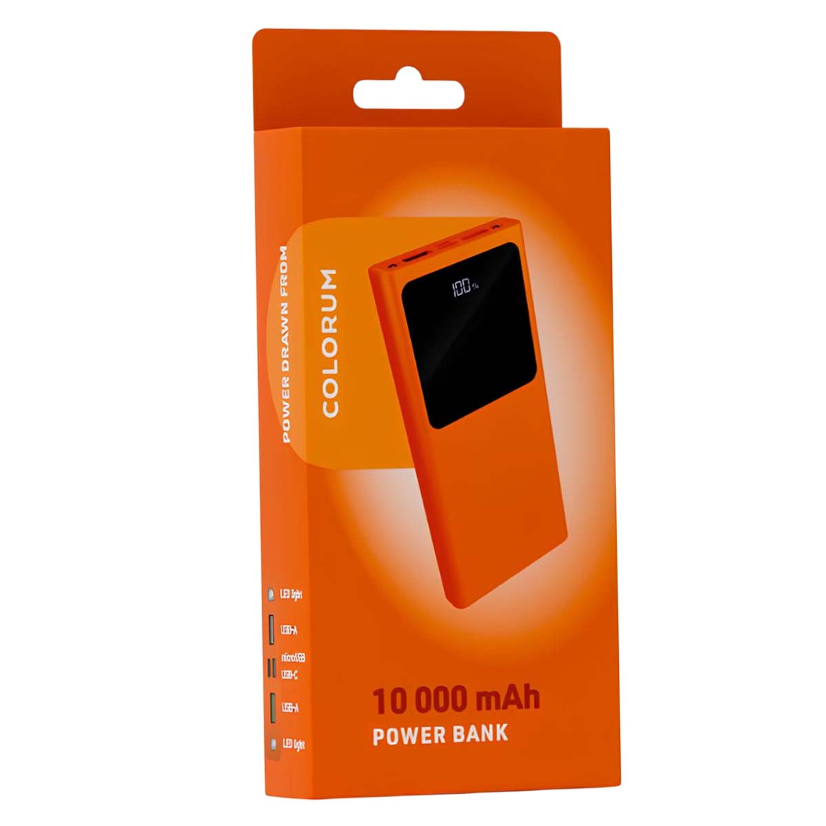 Eine orangefarbene Powerbank in ihrer Verpackung. Die Box trägt die Marke 'COLORUM' und Text, der besagt, dass es sich um eine 10.000-mAh-Powerbank handelt.