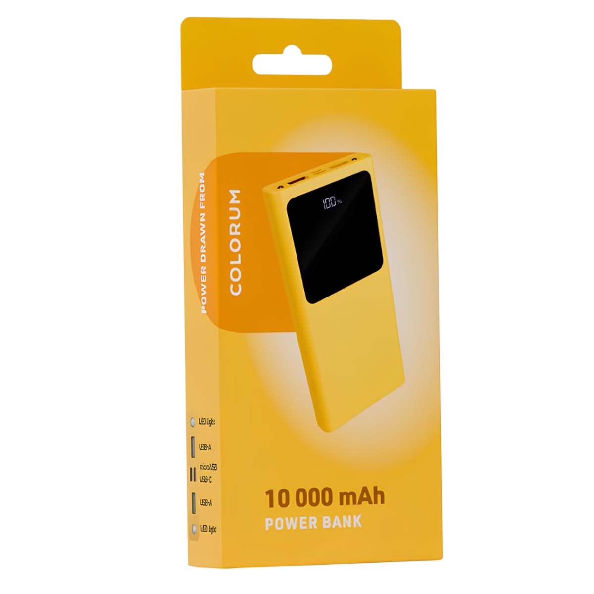 Gelbe Powerbank in gelber Box. Powerbank hat schwarzen Bildschirm mit 100%. Box sagt "COLORUM", "10 000 mAh Power Bank".