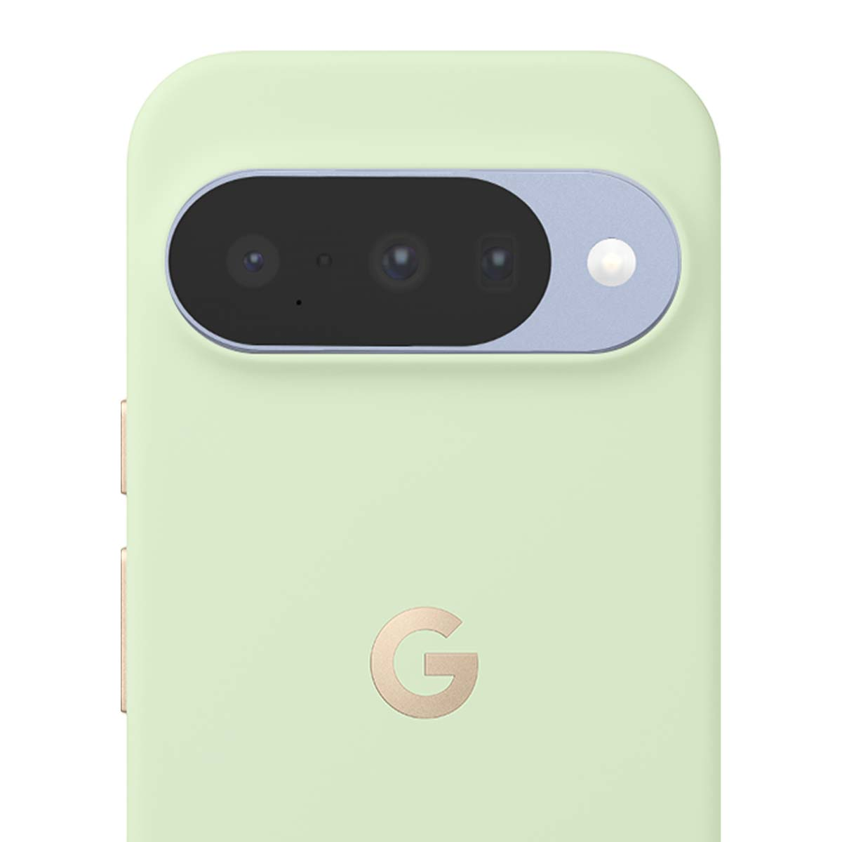 Eine hellgrüne Telefonrückseite mit schwarzer Kameraleiste, einem 'G'-Logo und einer Seitentaste. Die Kameraleiste hat mehrere Linsen und einen Blitz.