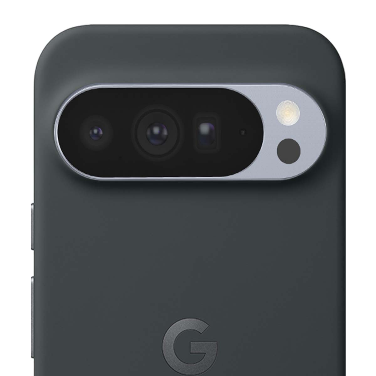Primer plano de la parte trasera de un teléfono oscuro. Cuenta con una barra de cámara con lentes, un flash y el logotipo 'G' de Google.