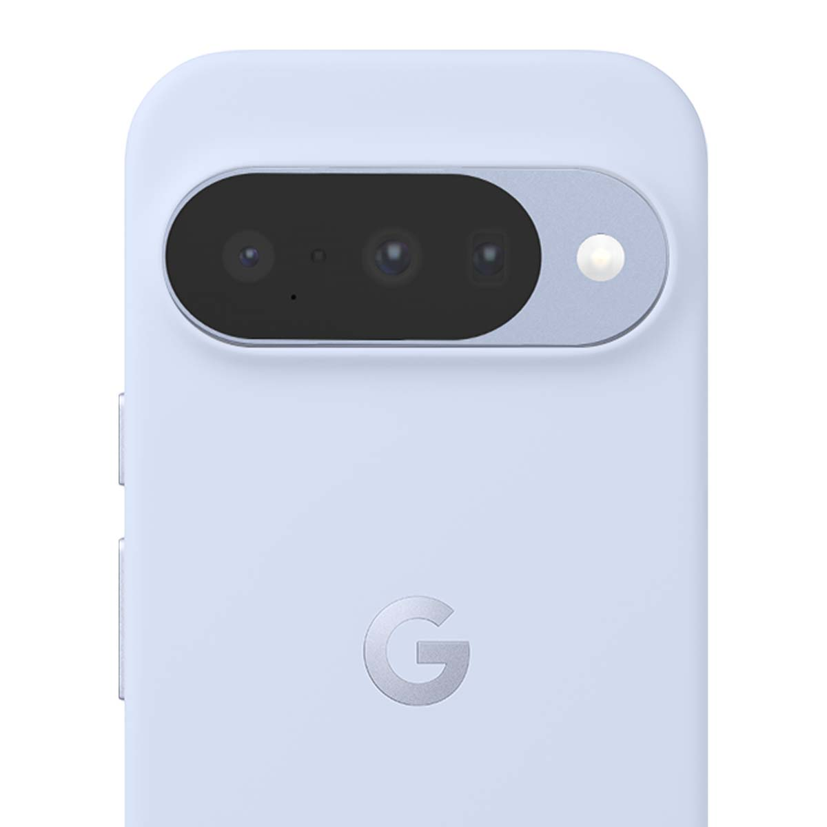 Hellblaue Handyhülle mit Kamera und Blitz. Das Google-'G'-Logo ist unten. Das Telefon hat eine silberne Kameraleiste.