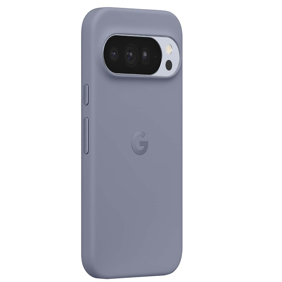 Nahaufnahme einer lila Handyhülle mit Kameramodul. Das Google 'G'-Logo ist sichtbar. Die Hülle hat einen Knopf an der Seite.