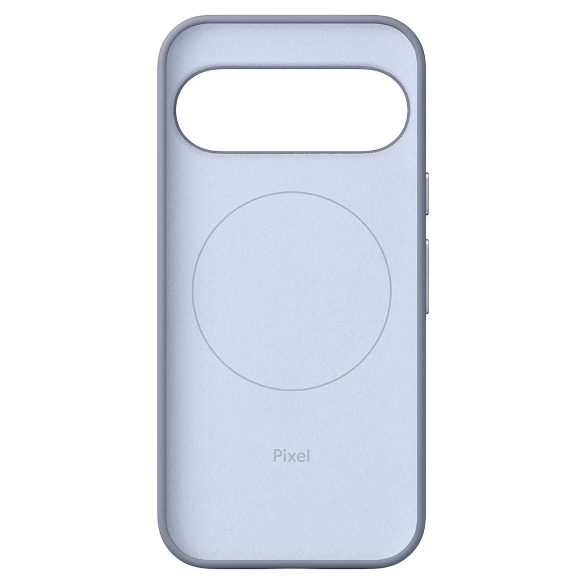 Eine hellblaue Pixel-Handyhülle. Sie hat einen Kameraausschnitt und ein kreisförmiges Design auf der Rückseite. 'Pixel' ist unten aufgedruckt.