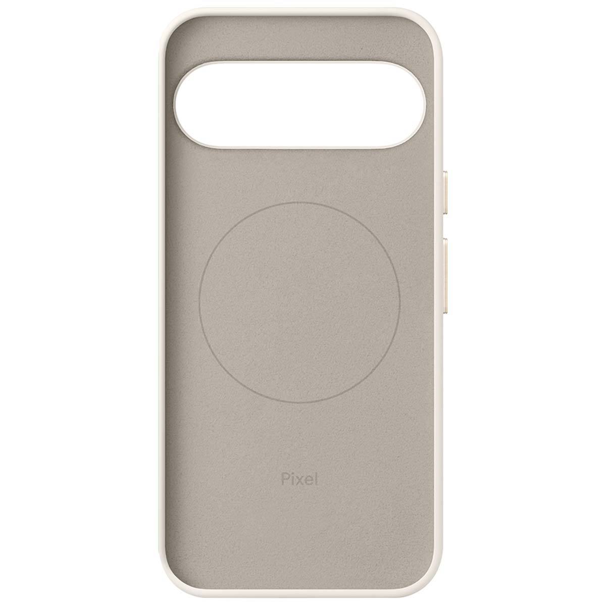 Eine Telefonhülle mit Kameraausschnitt und kreisförmiger Vertiefung. Sie ist beige mit weißem Rand und Pixel-Branding.