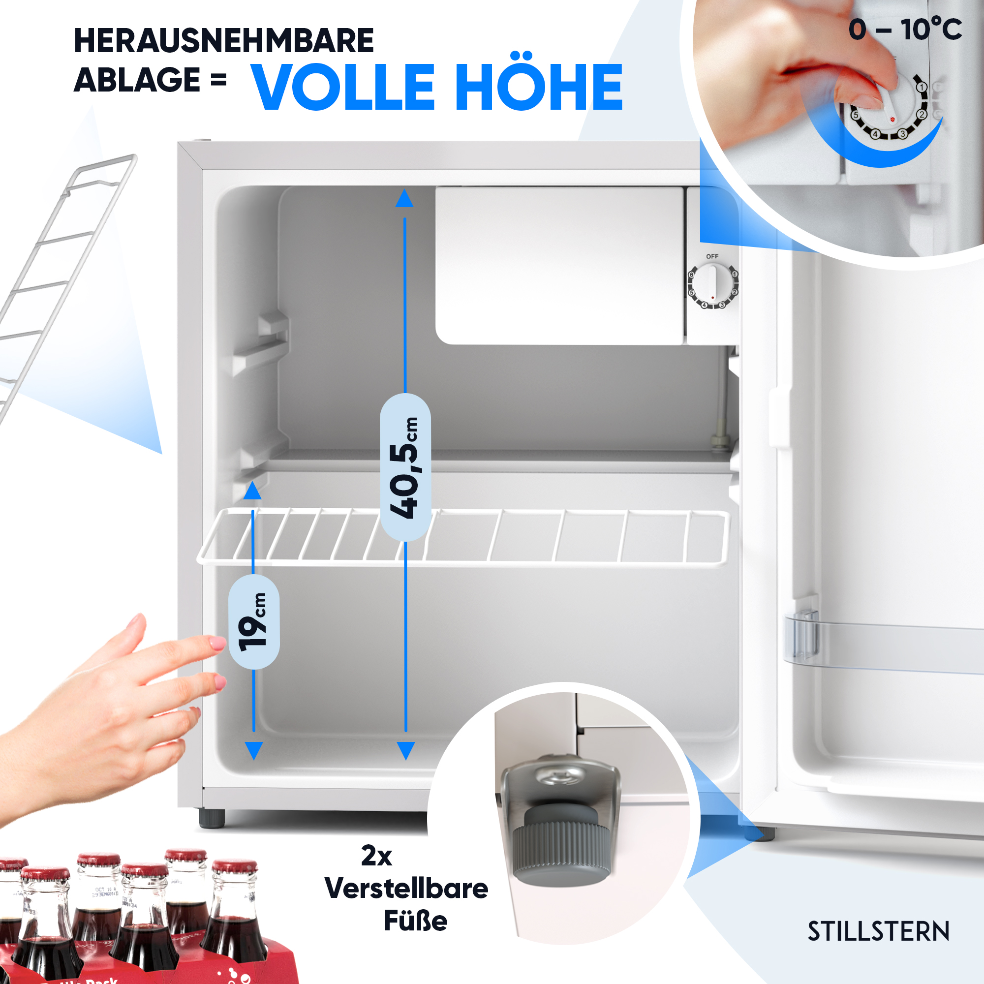Das Innere eines kleinen Kühlschranks mit Abmessungen wird gezeigt. Er hat ein herausnehmbares Regal, verstellbare Füße und eine Temperaturregelung.