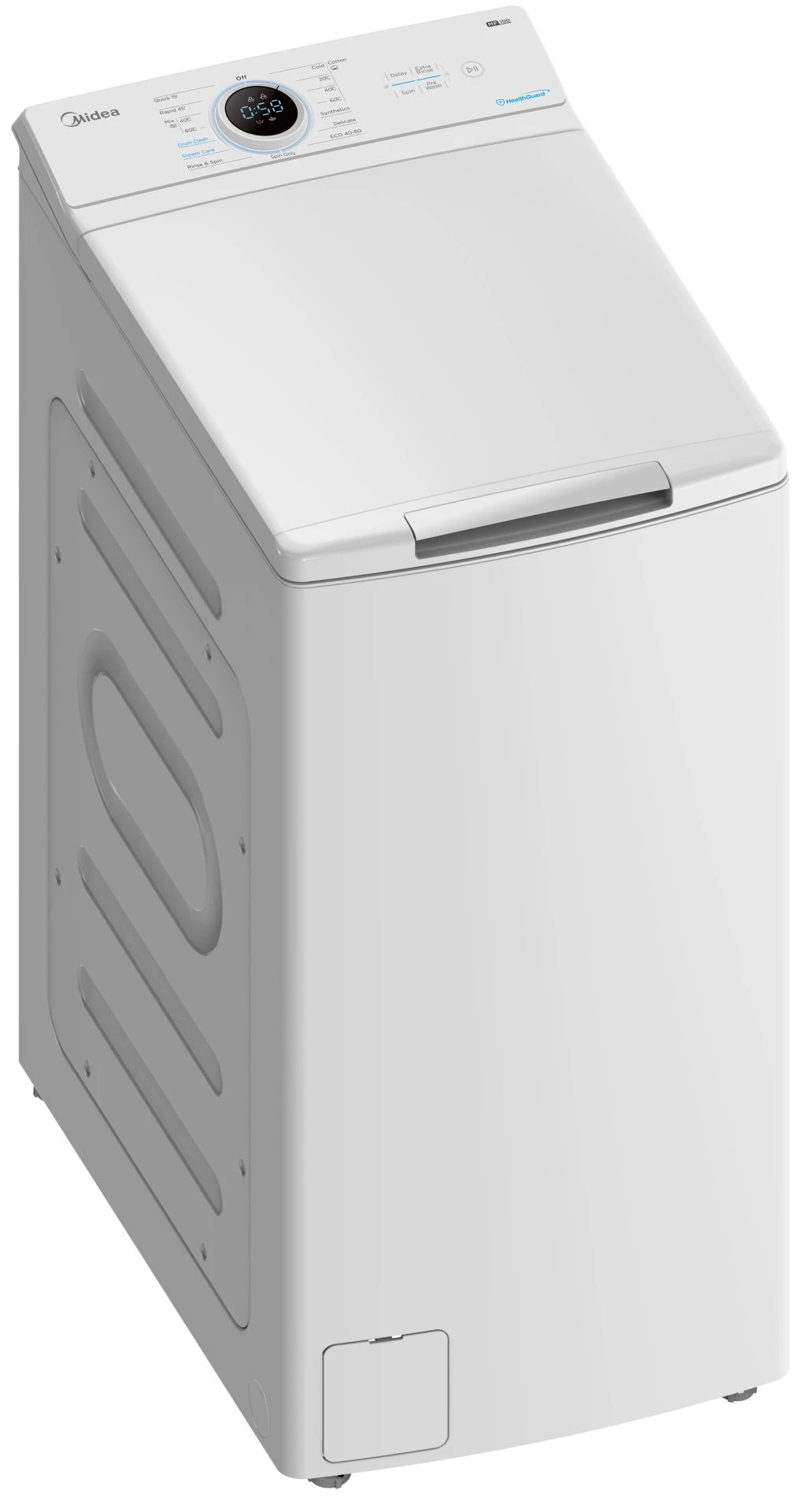 Una lavadora Midea blanca con panel de control que muestra configuraciones y temporizador. Tiene un diseño de carga superior.
