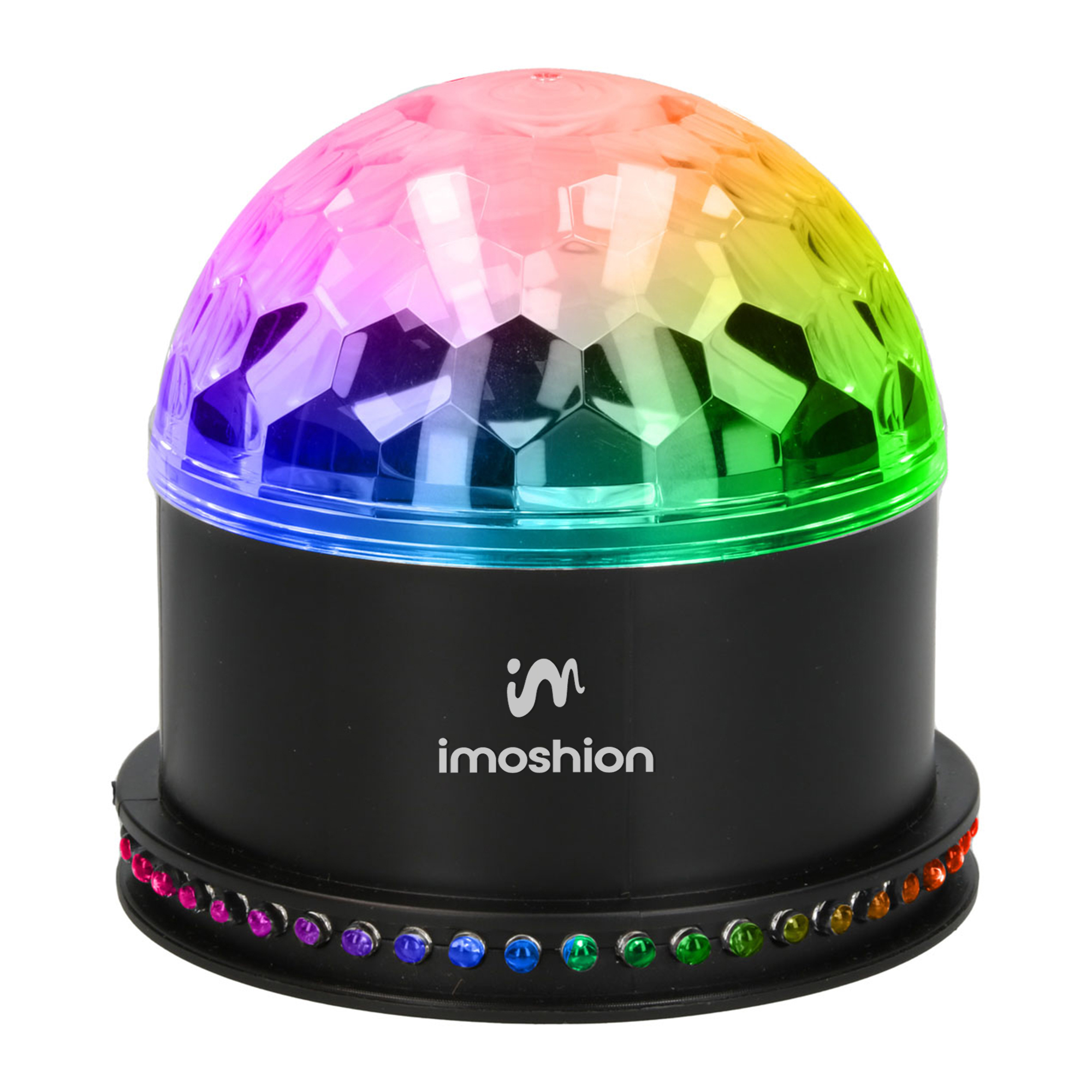 Een discobollicht met een zwarte basis en een kleurrijke, regenboogkleurige, koepelvormige bovenkant. De basis heeft gekleurde edelstenen.