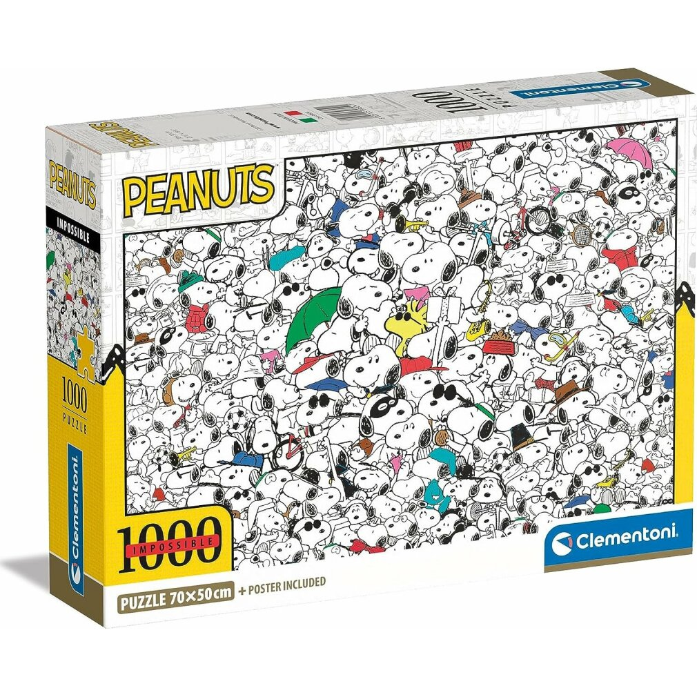 Pudełko z puzzlami Peanuts z Snoopy'm i przyjaciółmi. Na pudełku napis 'Peanuts Impossible 1000 Puzzle'.