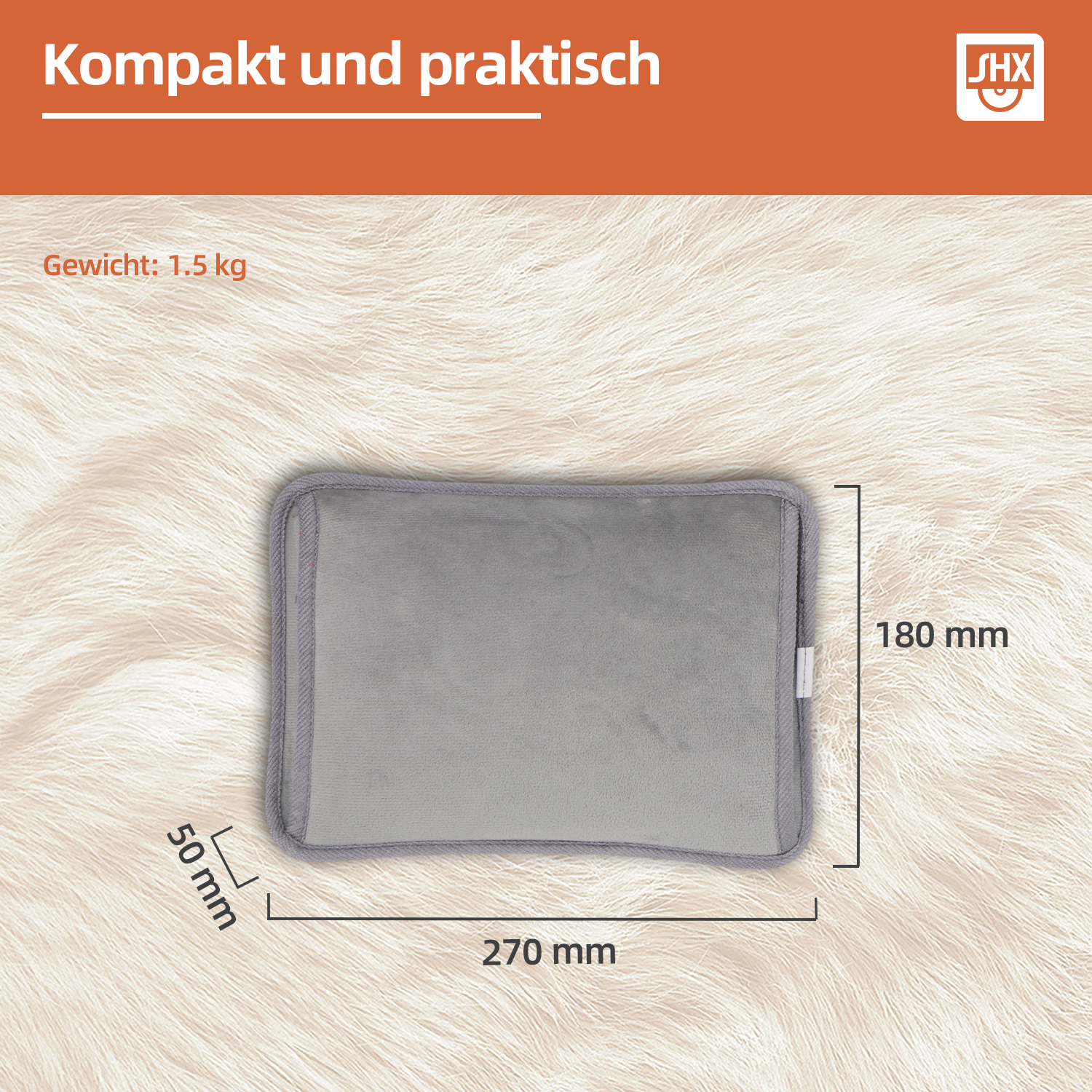 Un cuscinetto termico rettangolare grigio è mostrato su una superficie pelosa color crema. Dimensioni: 270 x 180 x 50 mm.