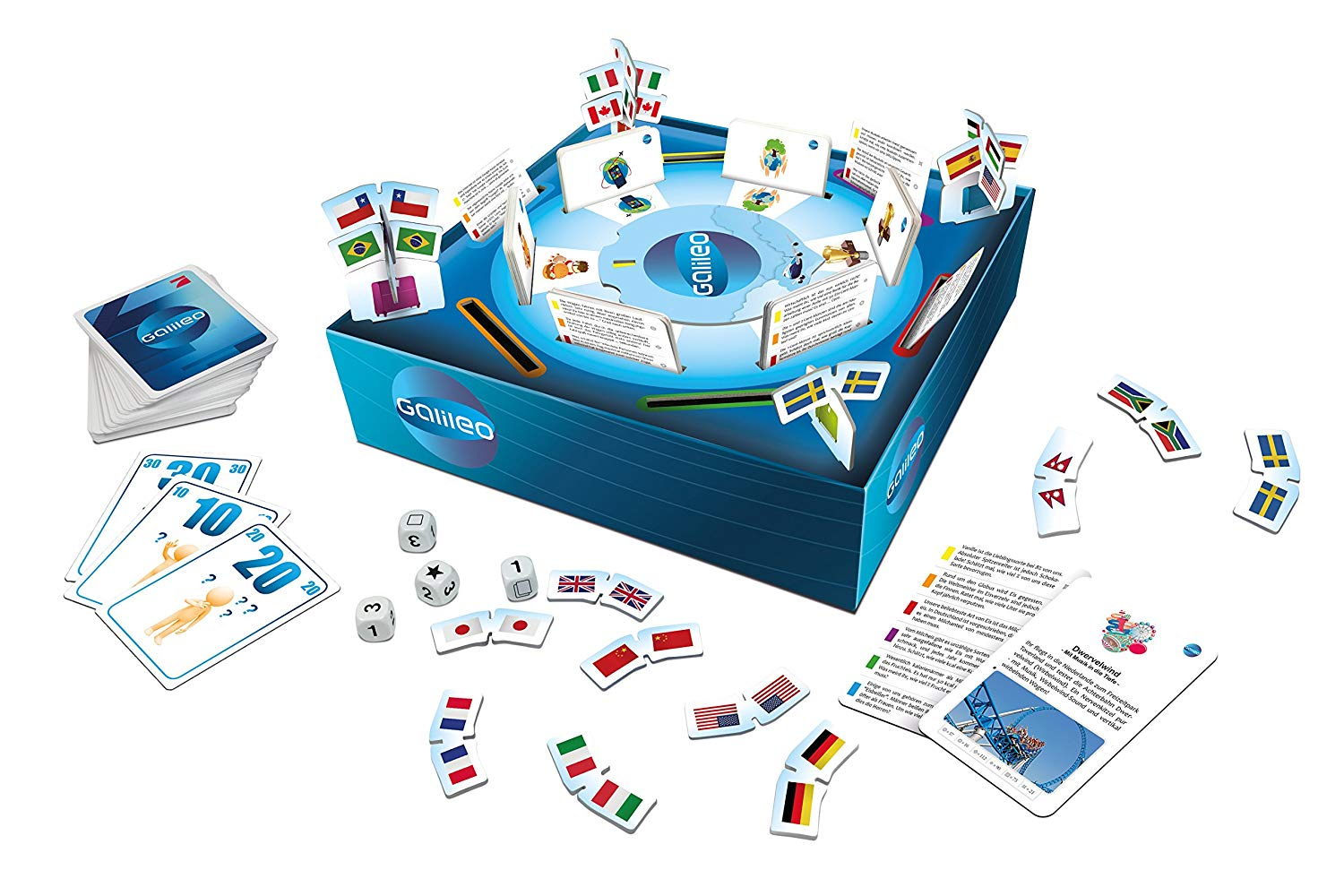 Ein Brettspiel mit Flaggen, Karten, Würfeln und einem zentralen Spielbereich. Auf der Spielbox steht Galileo.