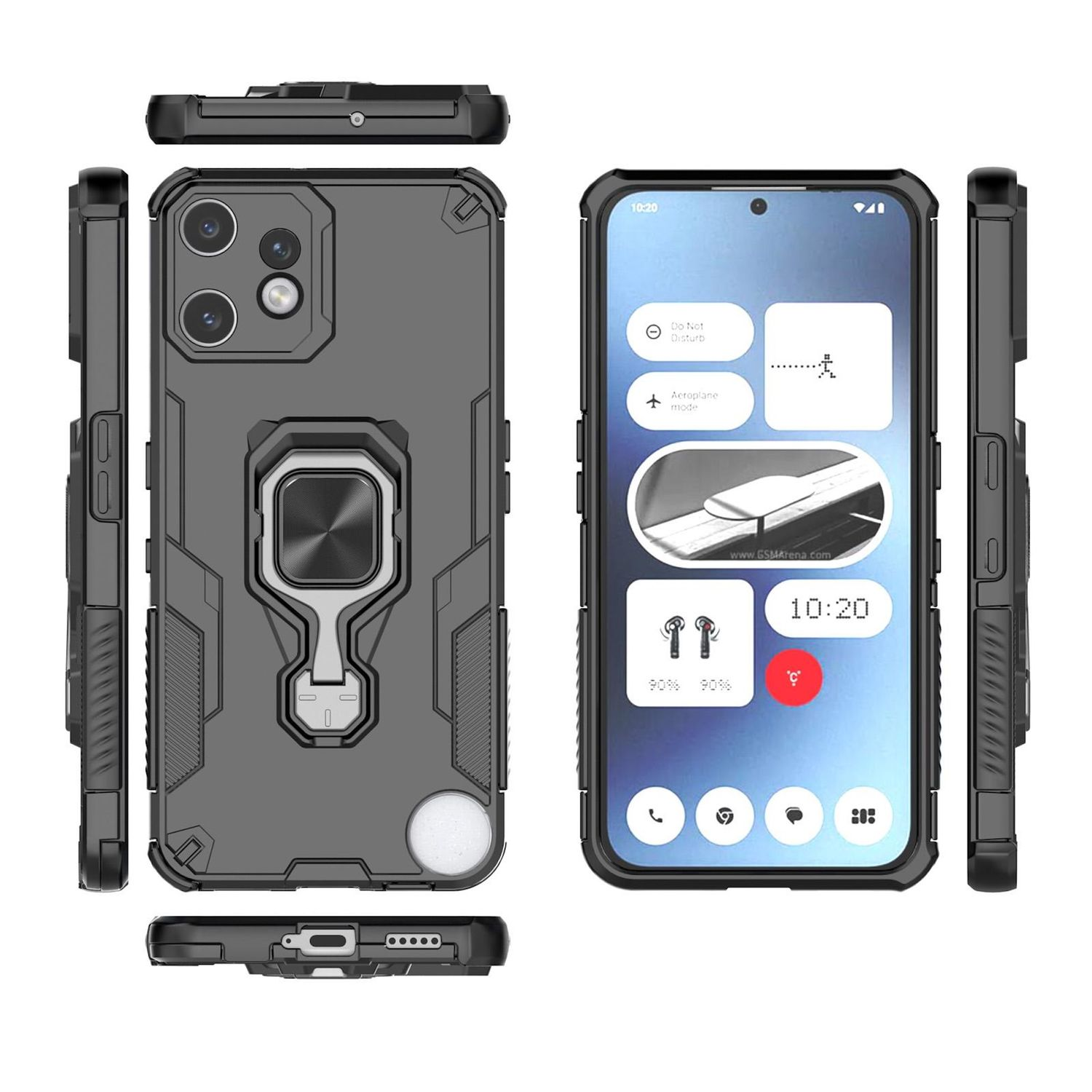 Ein Telefon in einer grauen Hülle, das den Bildschirm zeigt. Der Bildschirm zeigt die Uhrzeit, den Akku und verschiedene Einstellungsoptionen.