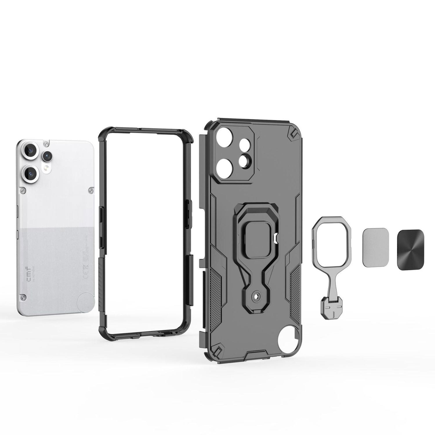 Zerlegtes Handy-Case, einschließlich Rückseite, Rahmen und grauer Schutzhülle mit Ringständer und anderem Zubehör.